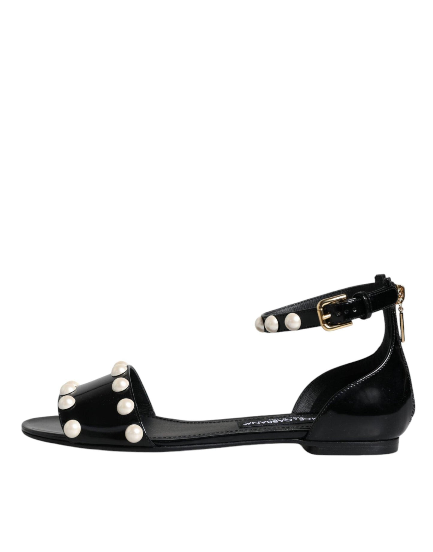 Dolce & Gabbana Black Leather Pearls Ankle Strap Sandals Shoes - Arichezz.store