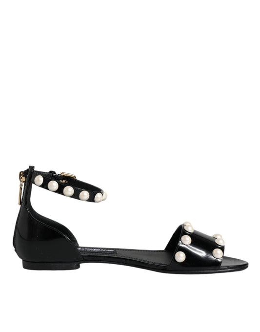 Dolce & Gabbana Black Leather Pearls Ankle Strap Sandals Shoes - Arichezz.store