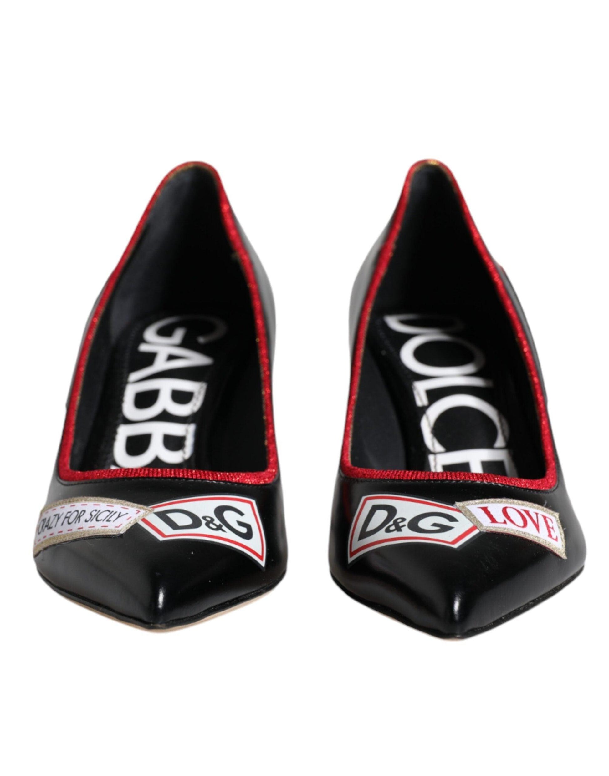 Dolce & Gabbana Black Leather Logo Print Heels Pumps Shoes - Arichezz.store