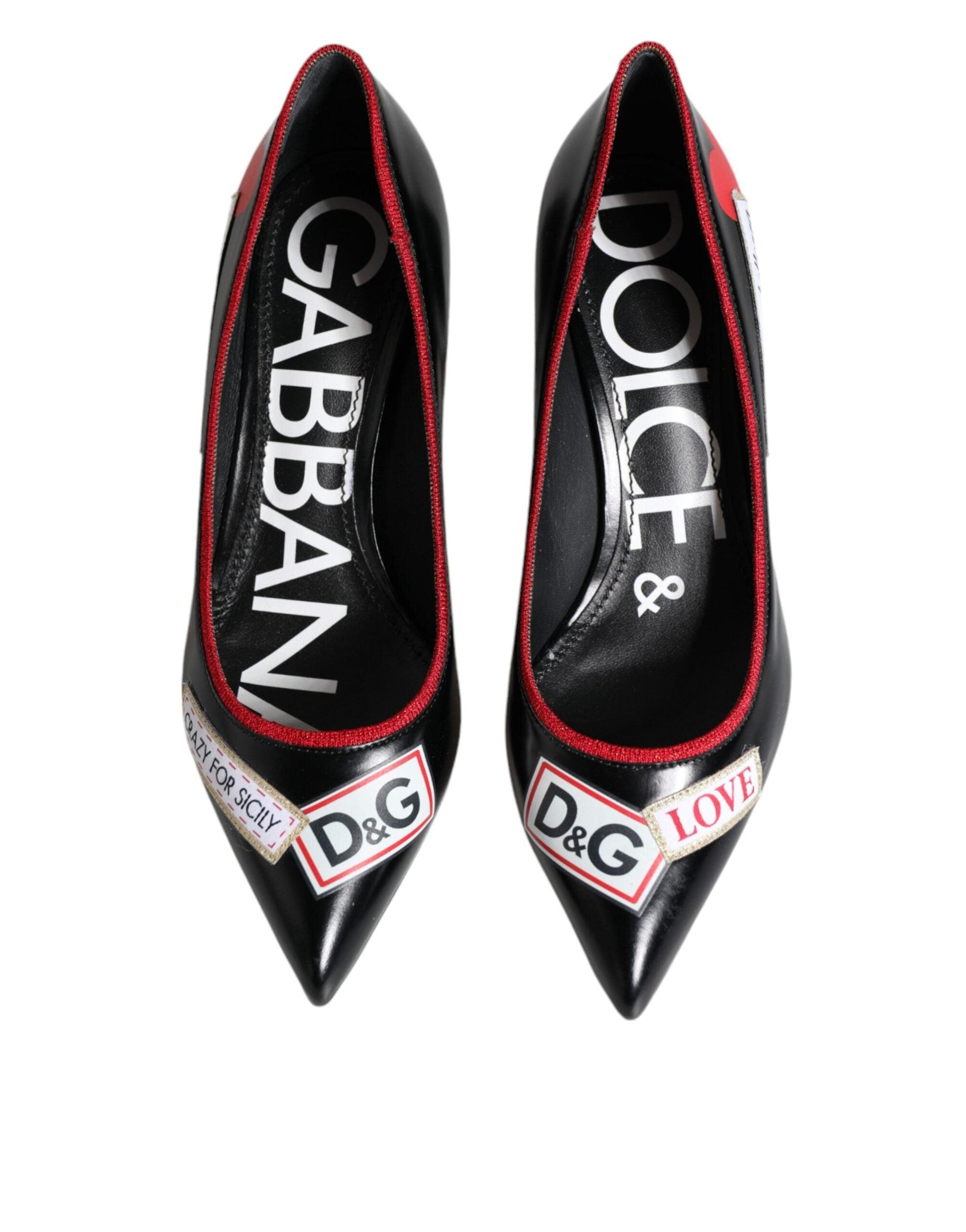 Dolce & Gabbana Black Leather Logo Print Heels Pumps Shoes - Arichezz.store