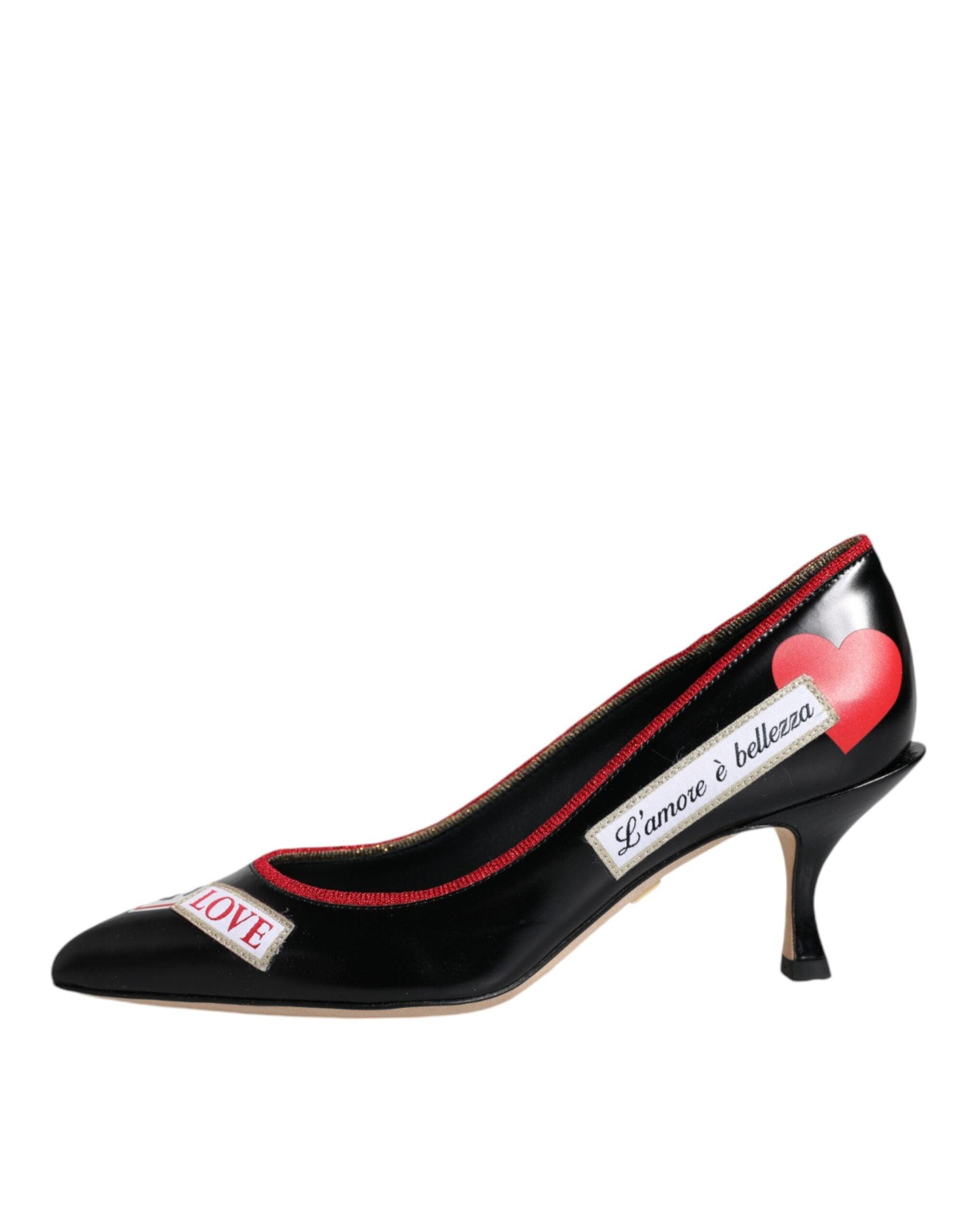 Dolce & Gabbana Black Leather Logo Print Heels Pumps Shoes - Arichezz.store