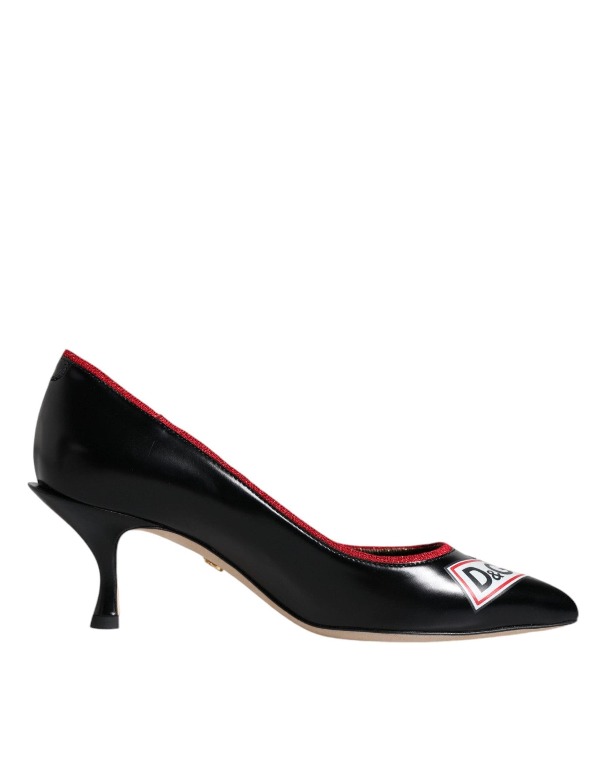 Dolce & Gabbana Black Leather Logo Print Heels Pumps Shoes - Arichezz.store