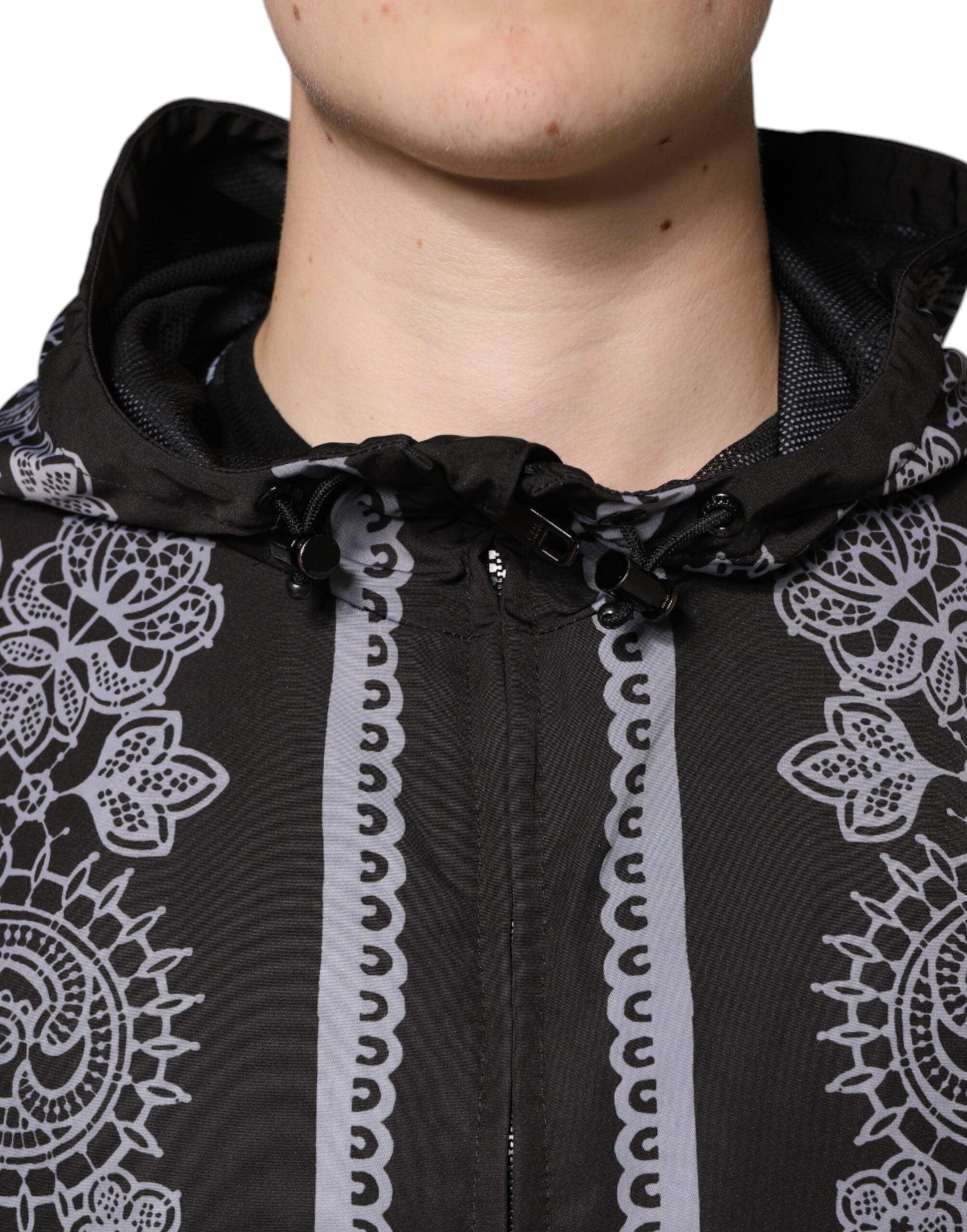 Dolce & Gabbana Black Bandana Hooded Full Zip Bomber Jacket - Arichezz.store