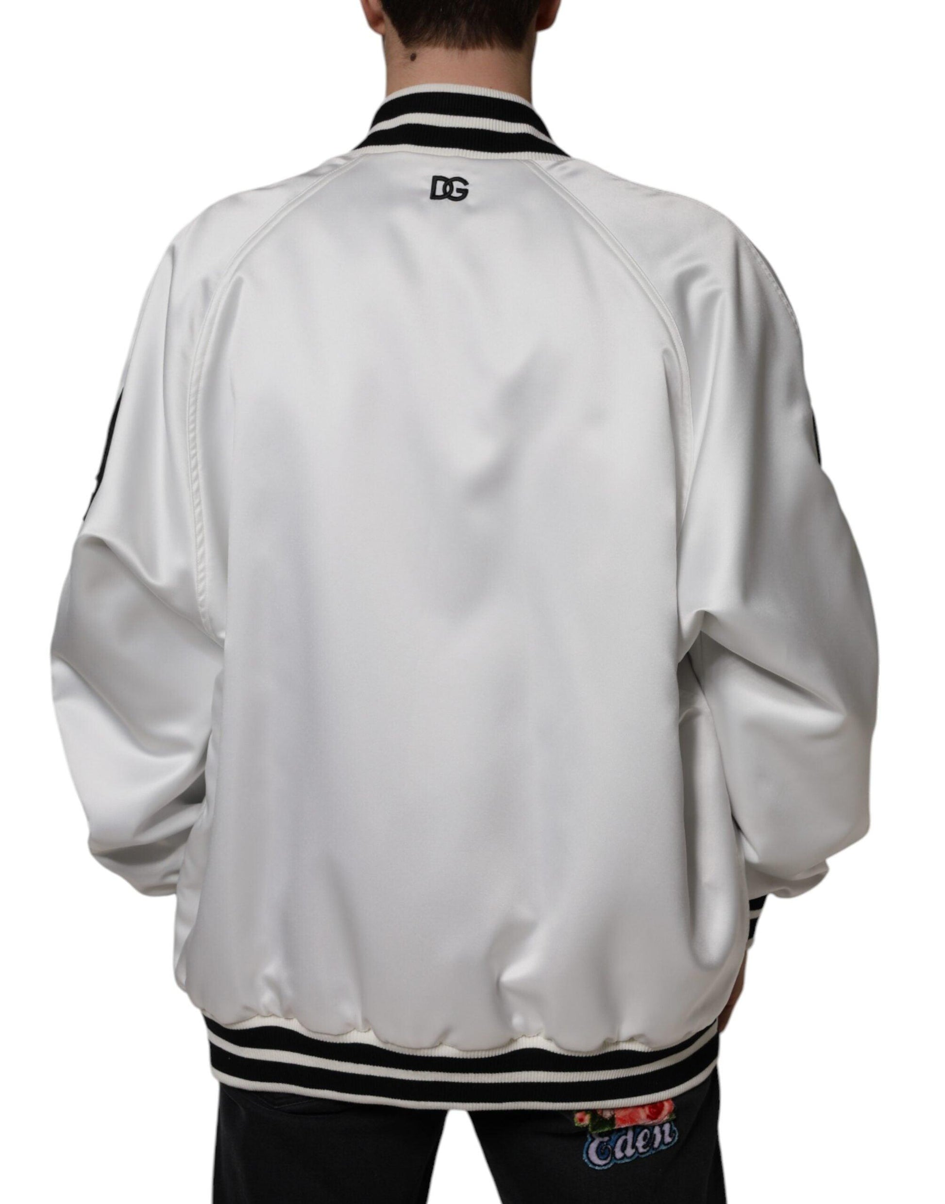 Dolce & Gabbana White Polyester Logo Full Zip Bomber Jacket - Arichezz.store