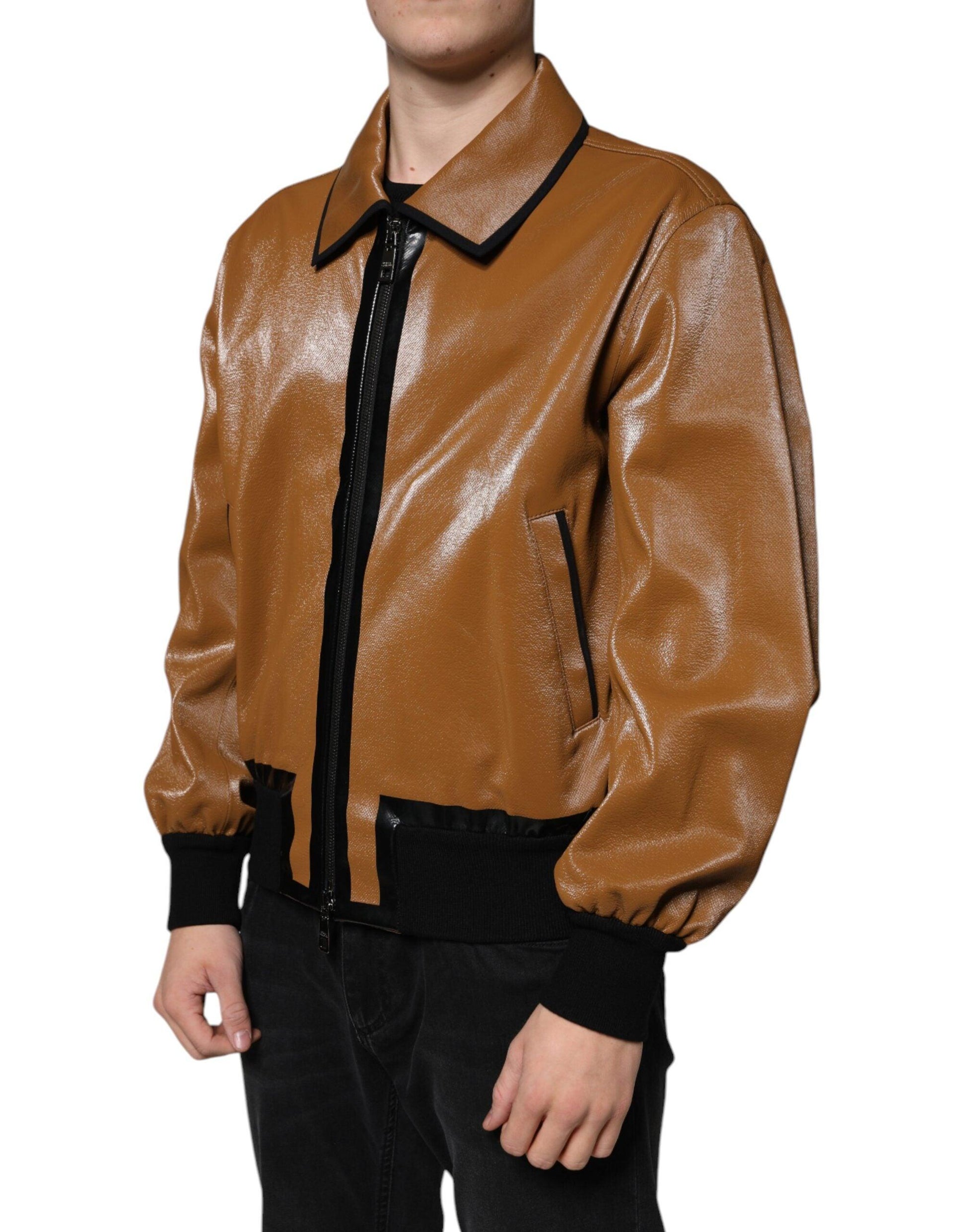 Dolce & Gabbana Brown Leather Full Zip Men Bomber Jacket - Arichezz.store