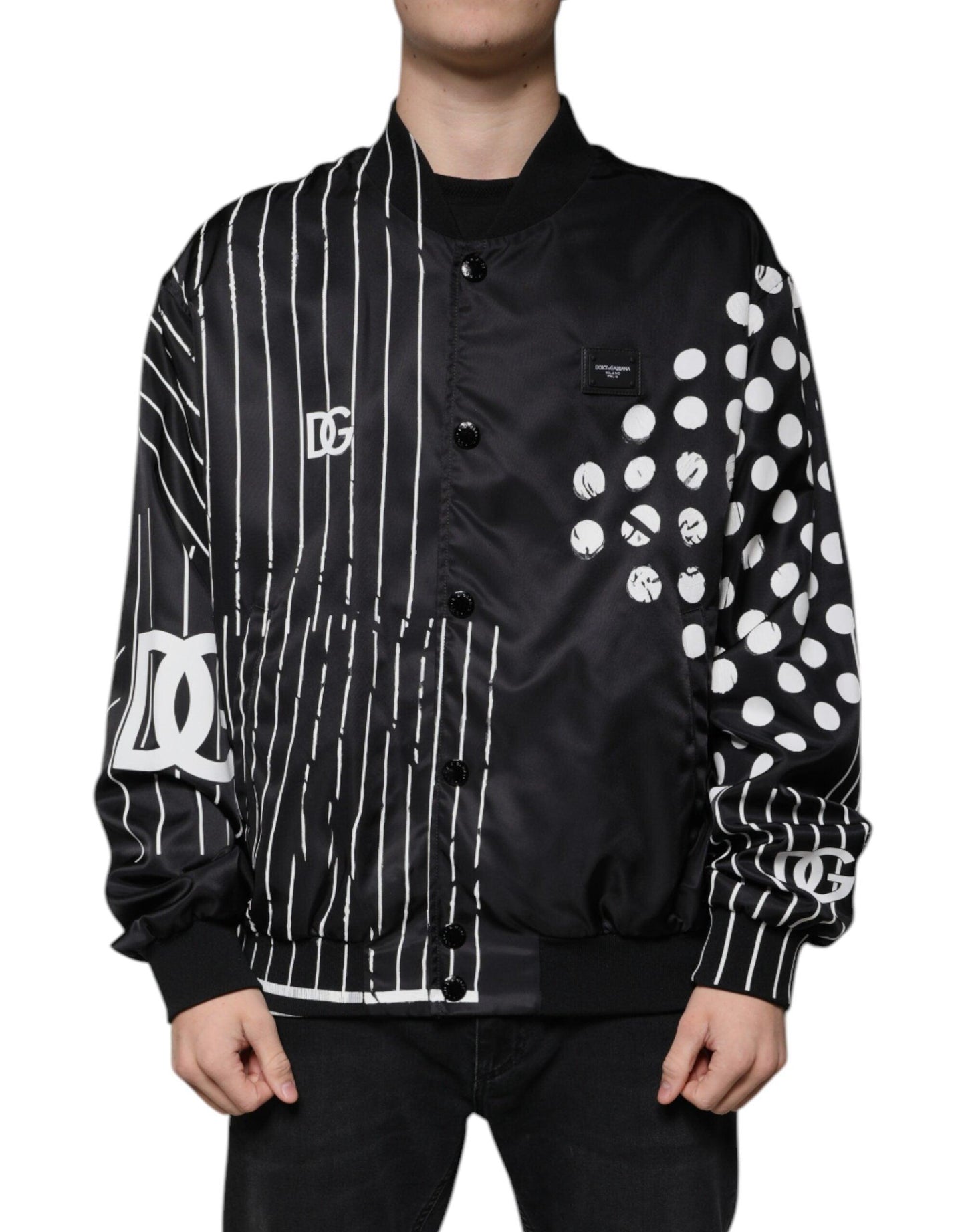 Dolce & Gabbana Black Polka Dot Stripe Nylon Bomber Jacket - Arichezz.store