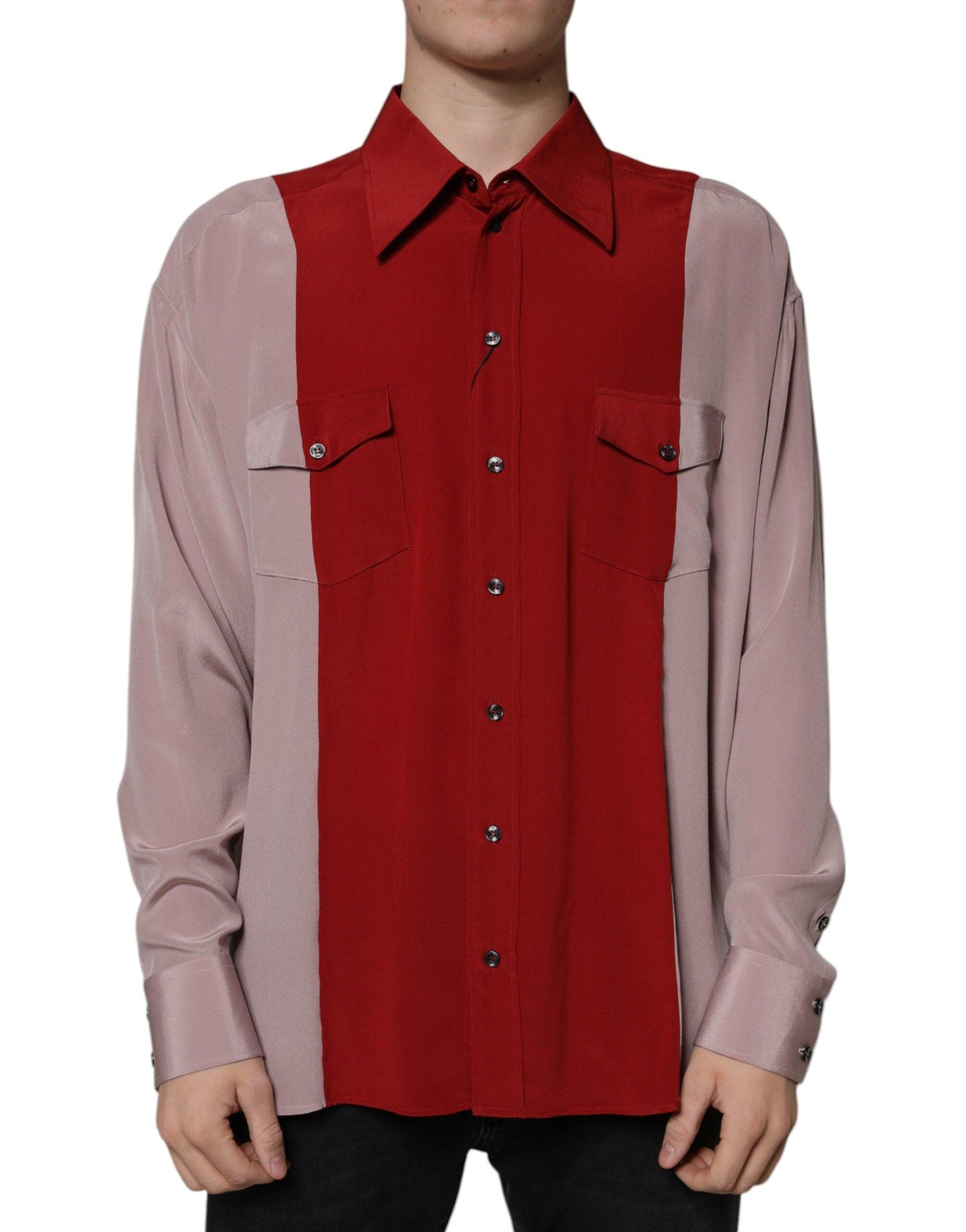 Dolce & Gabbana Red Pink Silk Collared Button Down Shirt - Arichezz.store