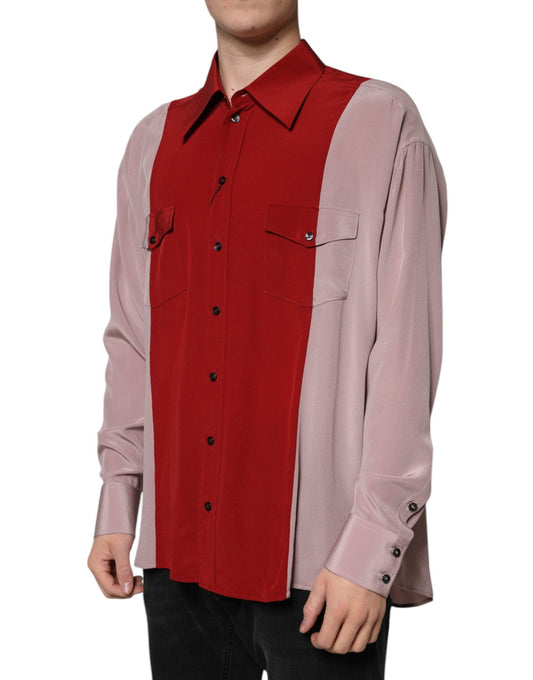 Dolce & Gabbana Red Pink Silk Collared Button Down Shirt - Arichezz.store