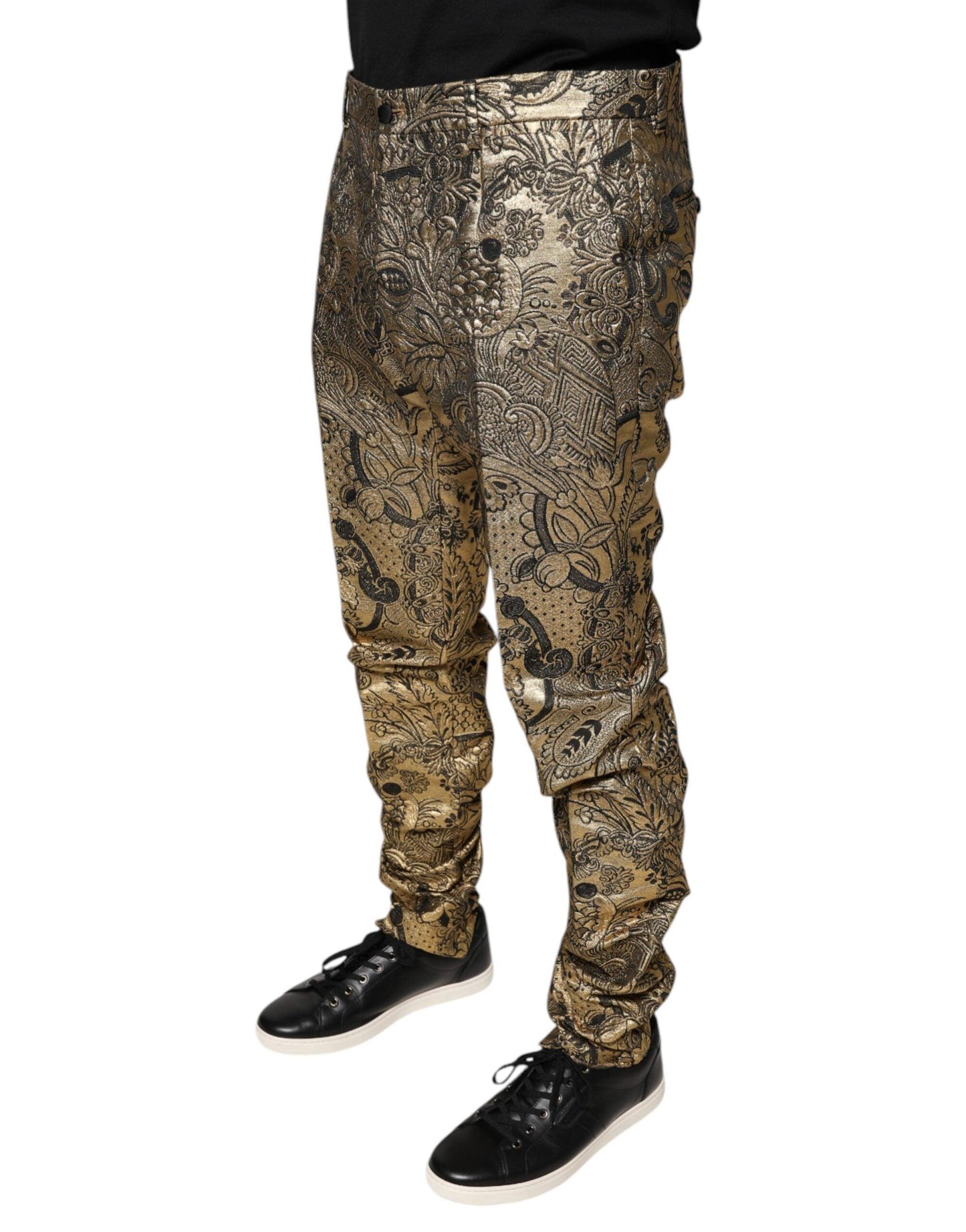 Dolce & Gabbana Gold Floral Jacquard Men Dress Pants - Arichezz.store