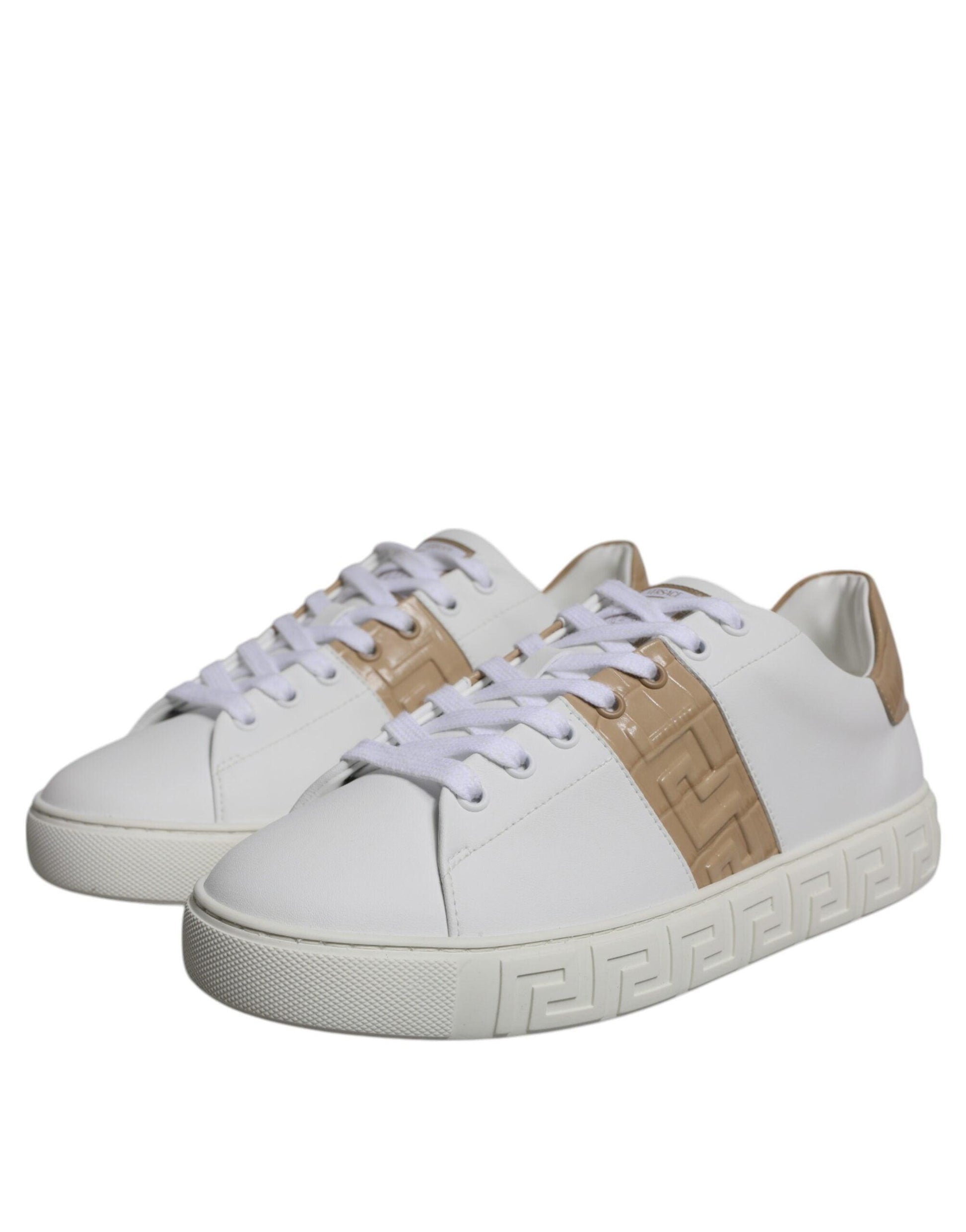 Versace White Brown Greca Print Low Top Men Sneakers - Arichezz.store