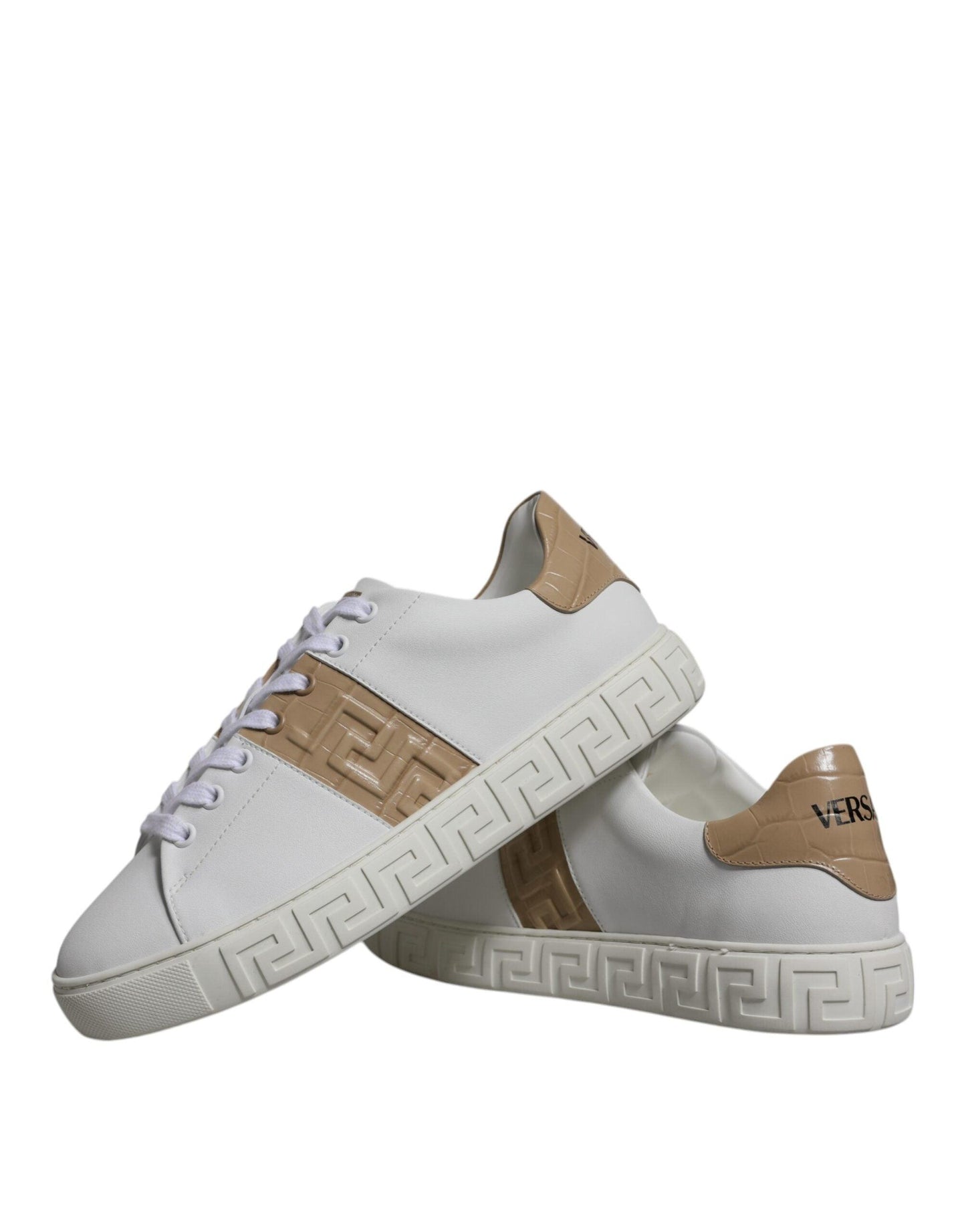 Versace White Brown Greca Print Low Top Men Sneakers - Arichezz.store