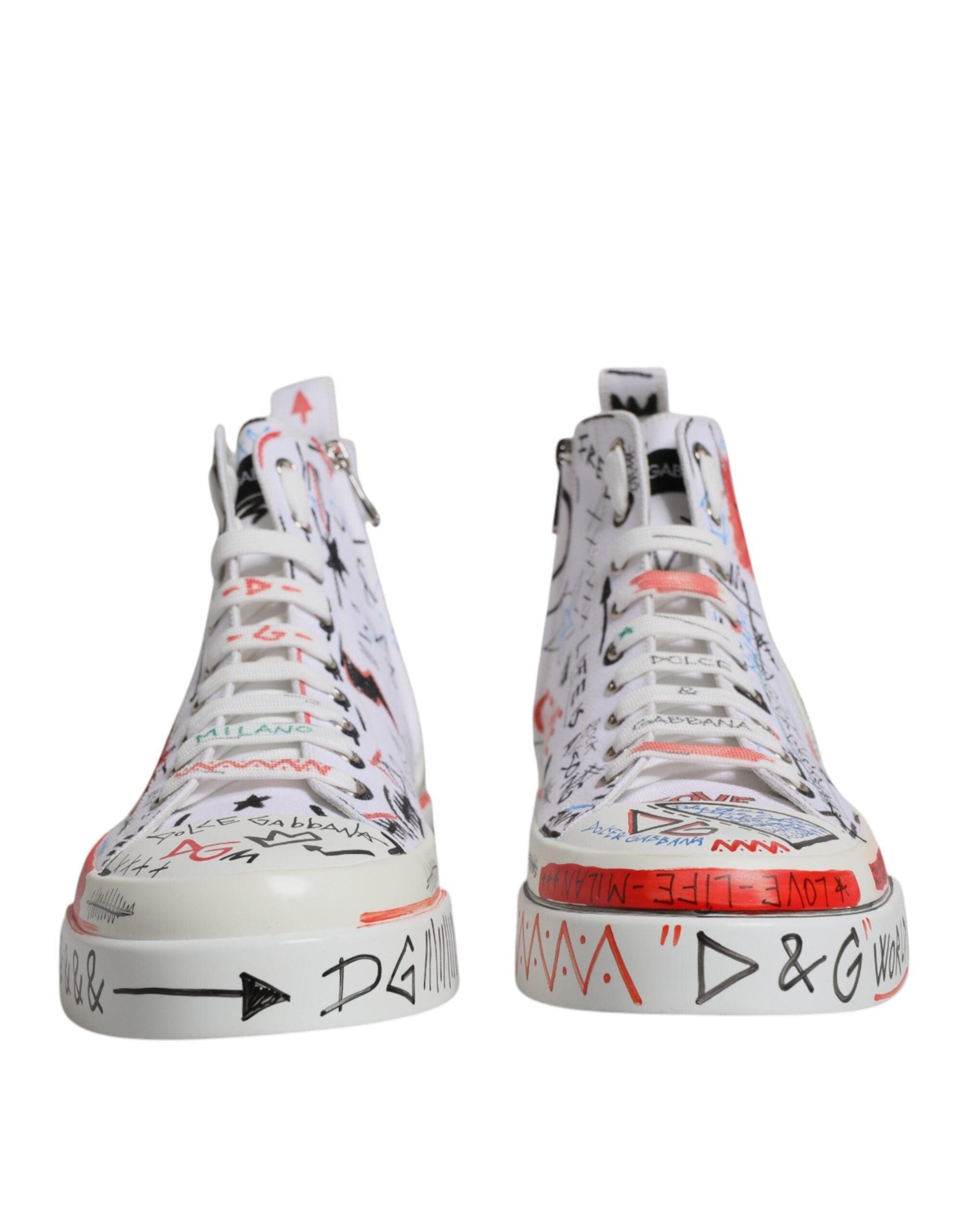 Dolce & Gabbana White Cotton Graffiti High Top Sneaker Shoes - Arichezz.store