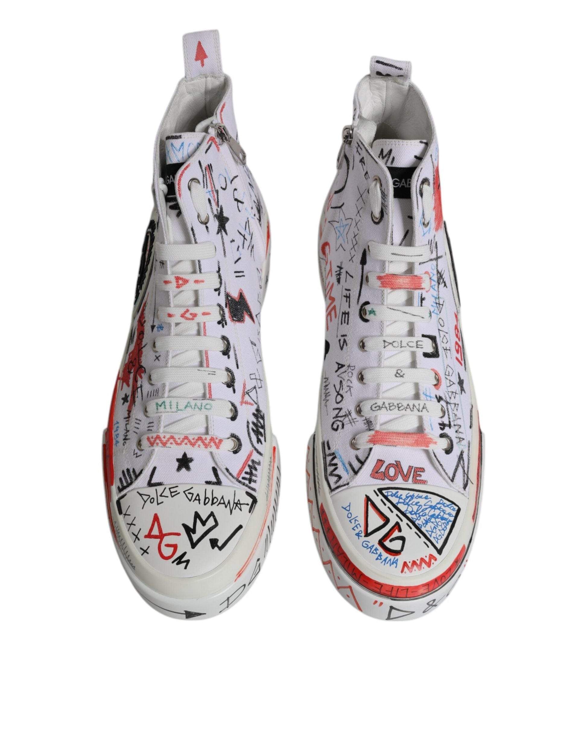 Dolce & Gabbana White Cotton Graffiti High Top Sneaker Shoes - Arichezz.store