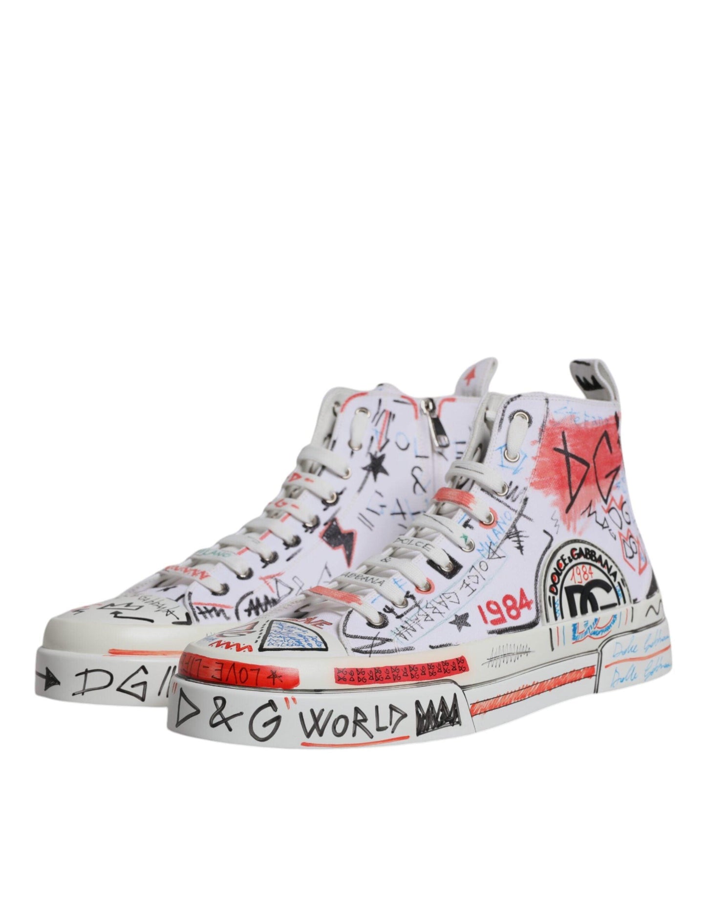 Dolce & Gabbana White Cotton Graffiti High Top Sneaker Shoes - Arichezz.store