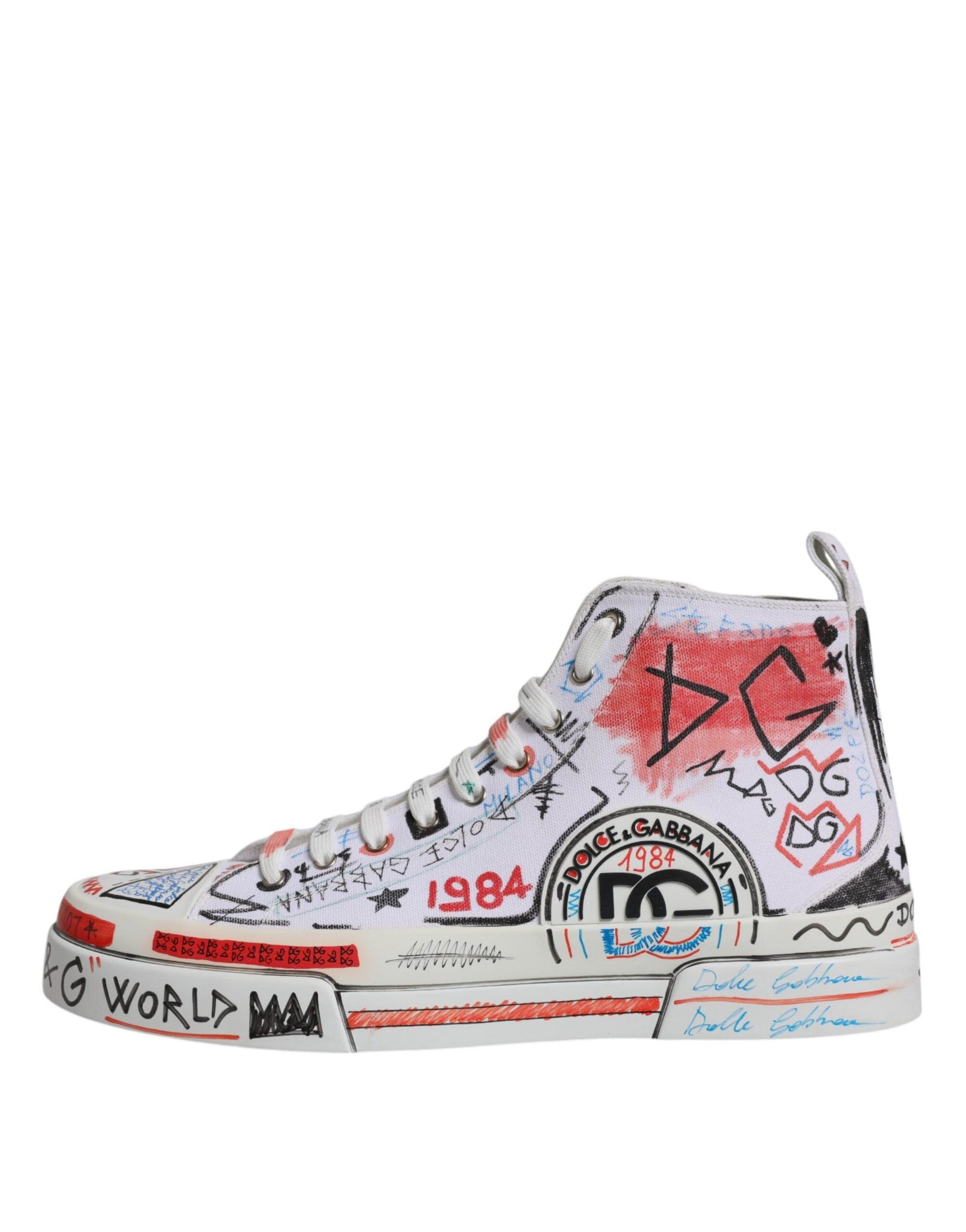 Dolce & Gabbana White Cotton Graffiti High Top Sneaker Shoes - Arichezz.store