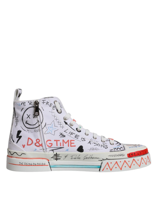 Dolce & Gabbana White Cotton Graffiti High Top Sneaker Shoes - Arichezz.store