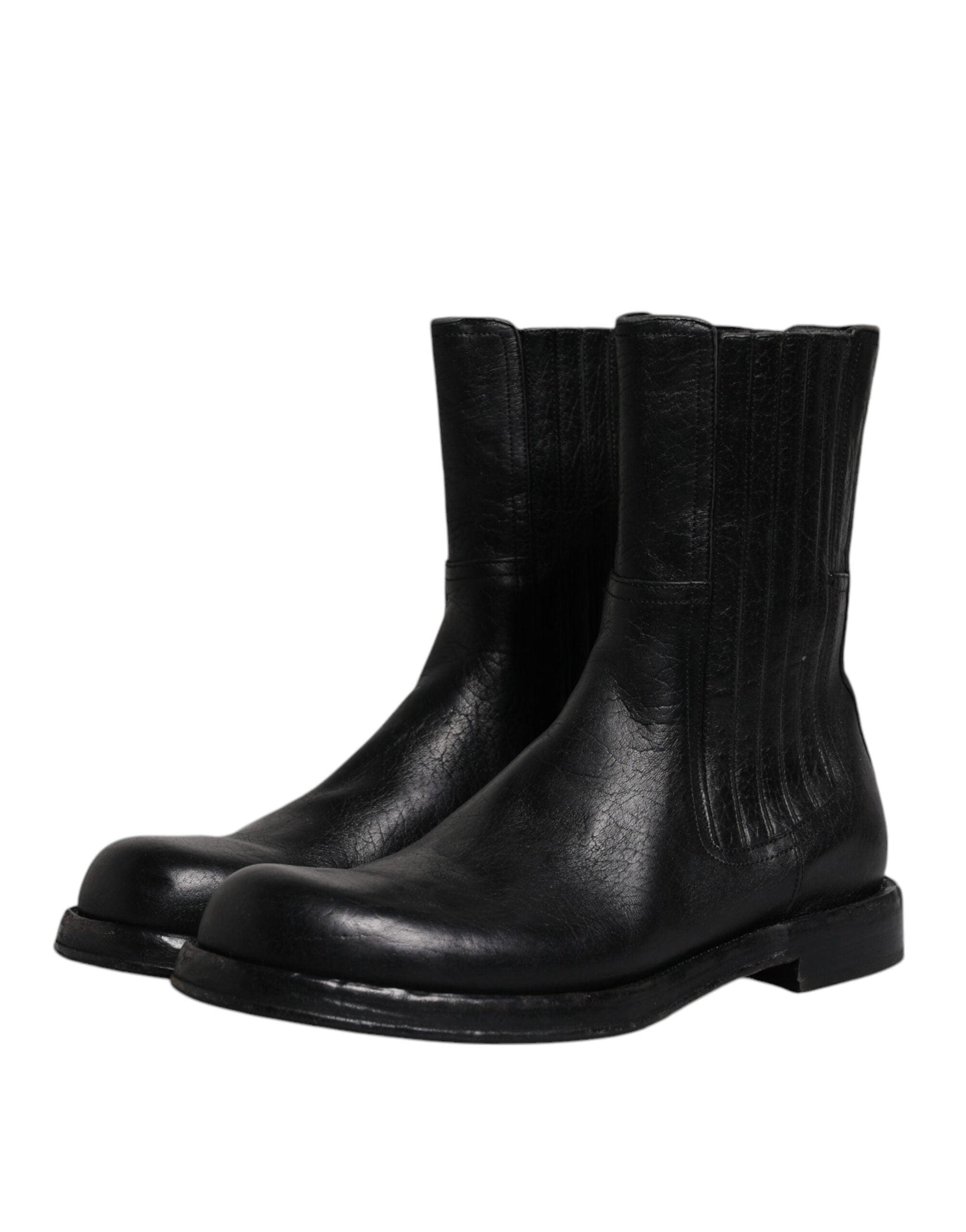 Dolce & Gabbana Black Horse Leather Mid Calf Boots Shoes - Arichezz.store