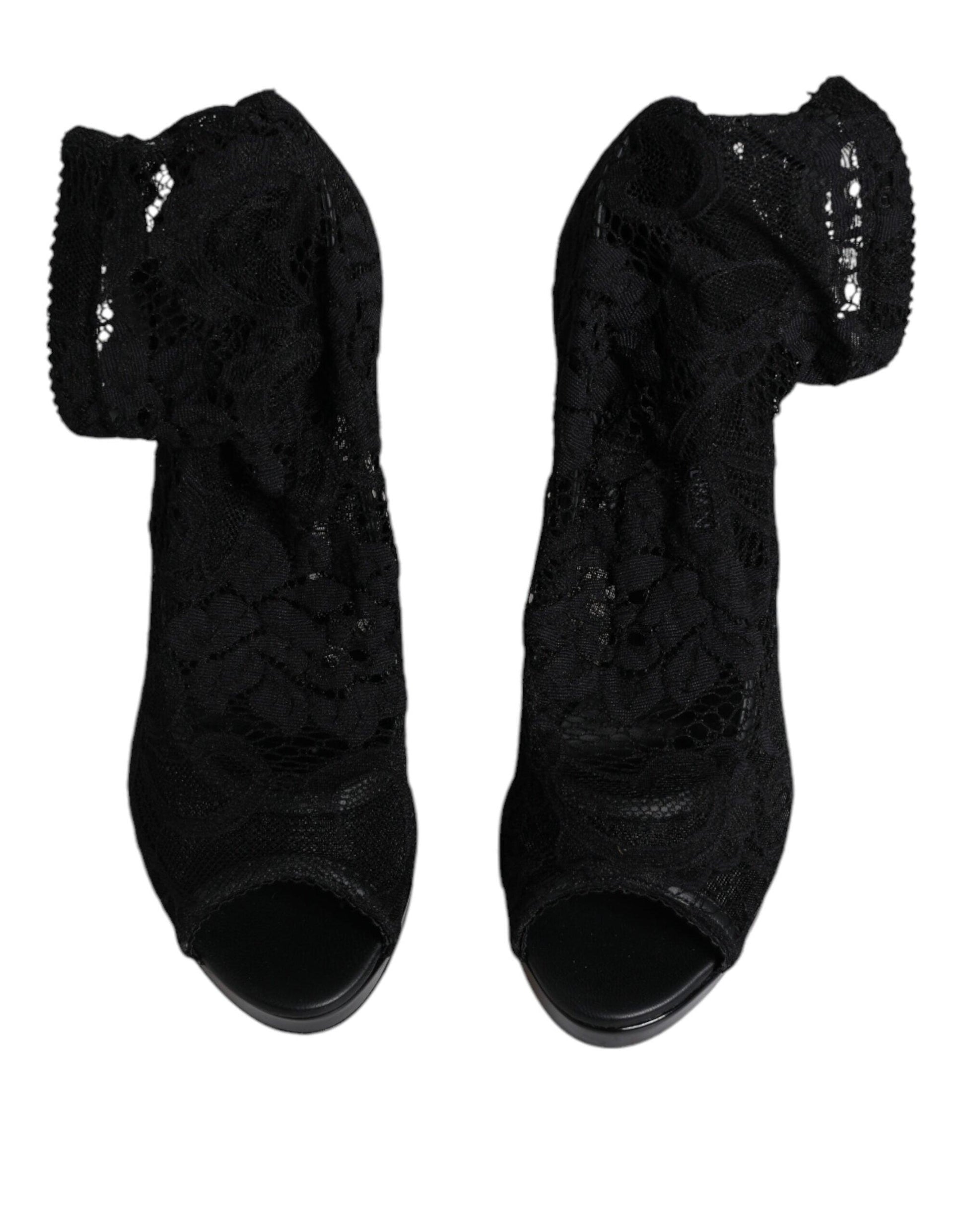 Dolce & Gabbana Black Stretch Taormina Lace Boots Shoes - Arichezz.store