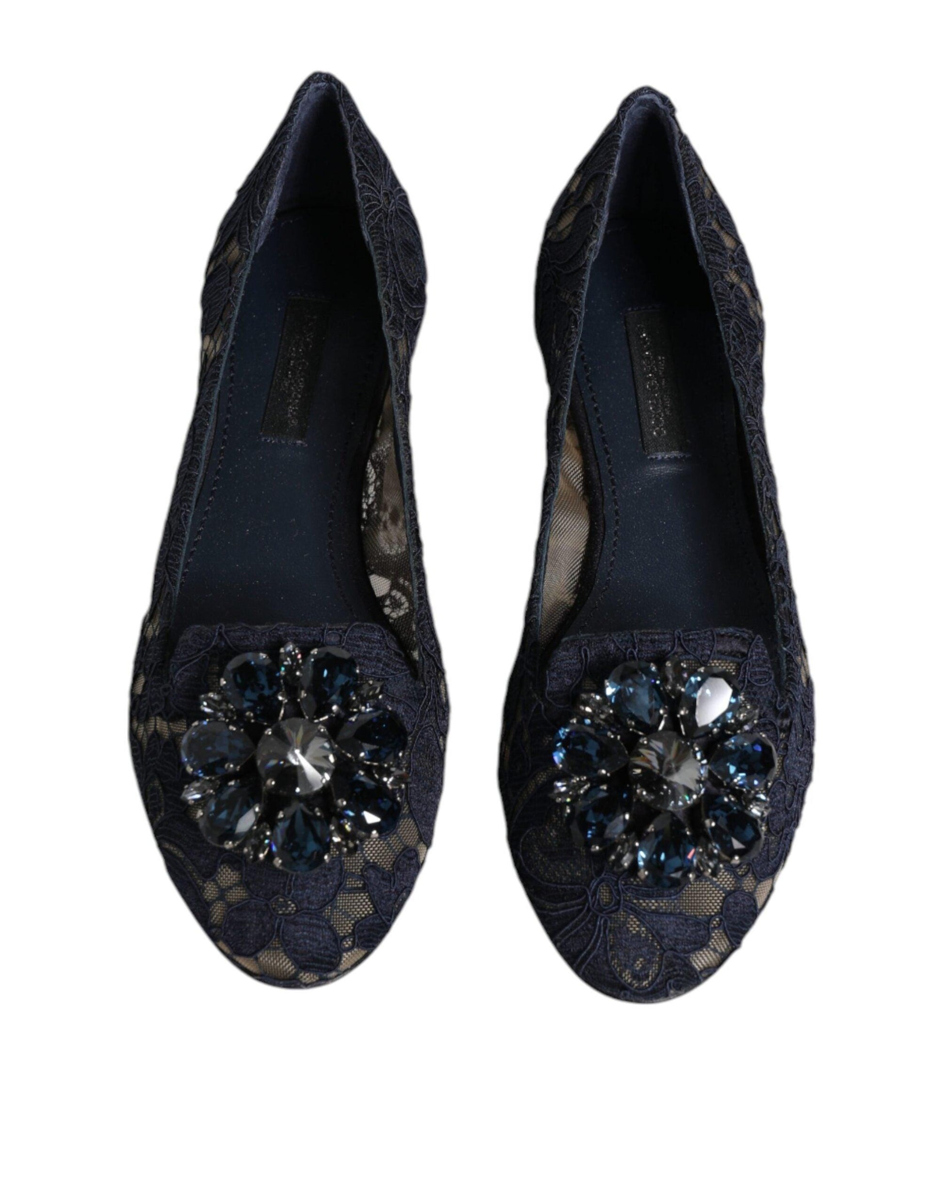 Dolce & Gabbana Blue Taormina Lace Crystals Flats Shoes - Arichezz.store