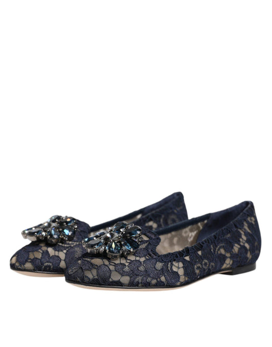 Dolce & Gabbana Blue Taormina Lace Crystals Flats Shoes - Arichezz.store