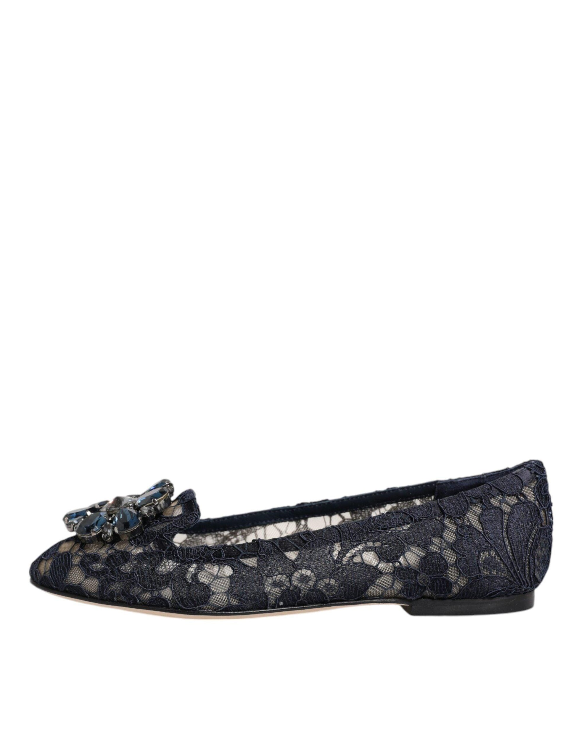 Dolce & Gabbana Blue Taormina Lace Crystals Flats Shoes - Arichezz.store