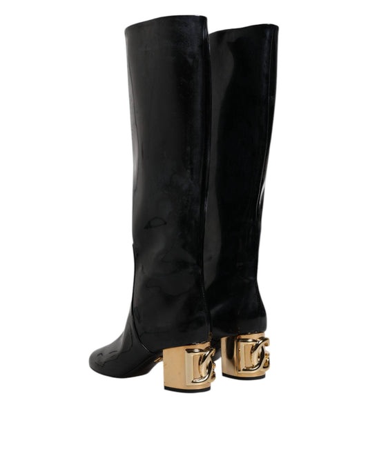 Dolce & Gabbana Black Patent Leather Vally High Boots Shoes - Arichezz.store