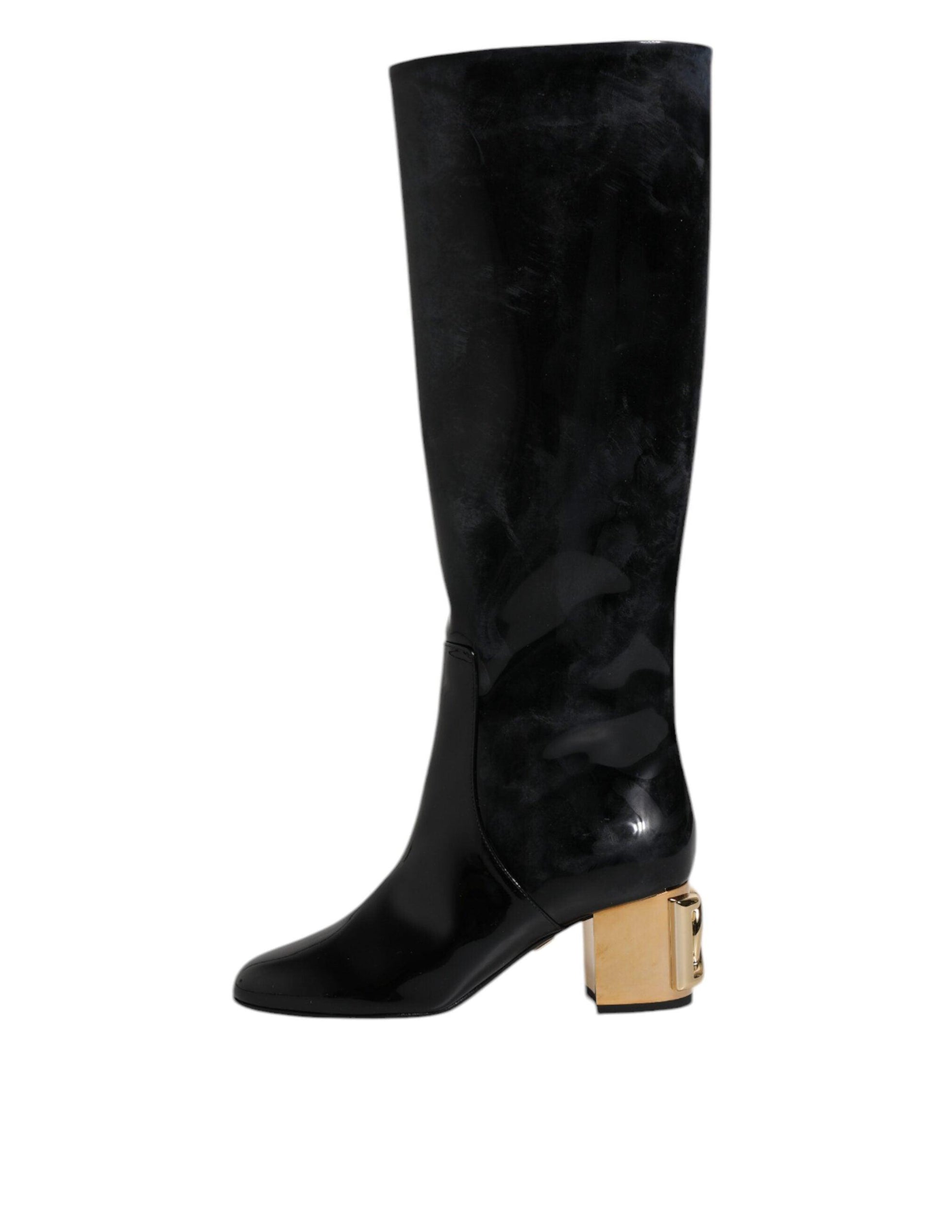 Dolce & Gabbana Black Patent Leather Vally High Boots Shoes - Arichezz.store