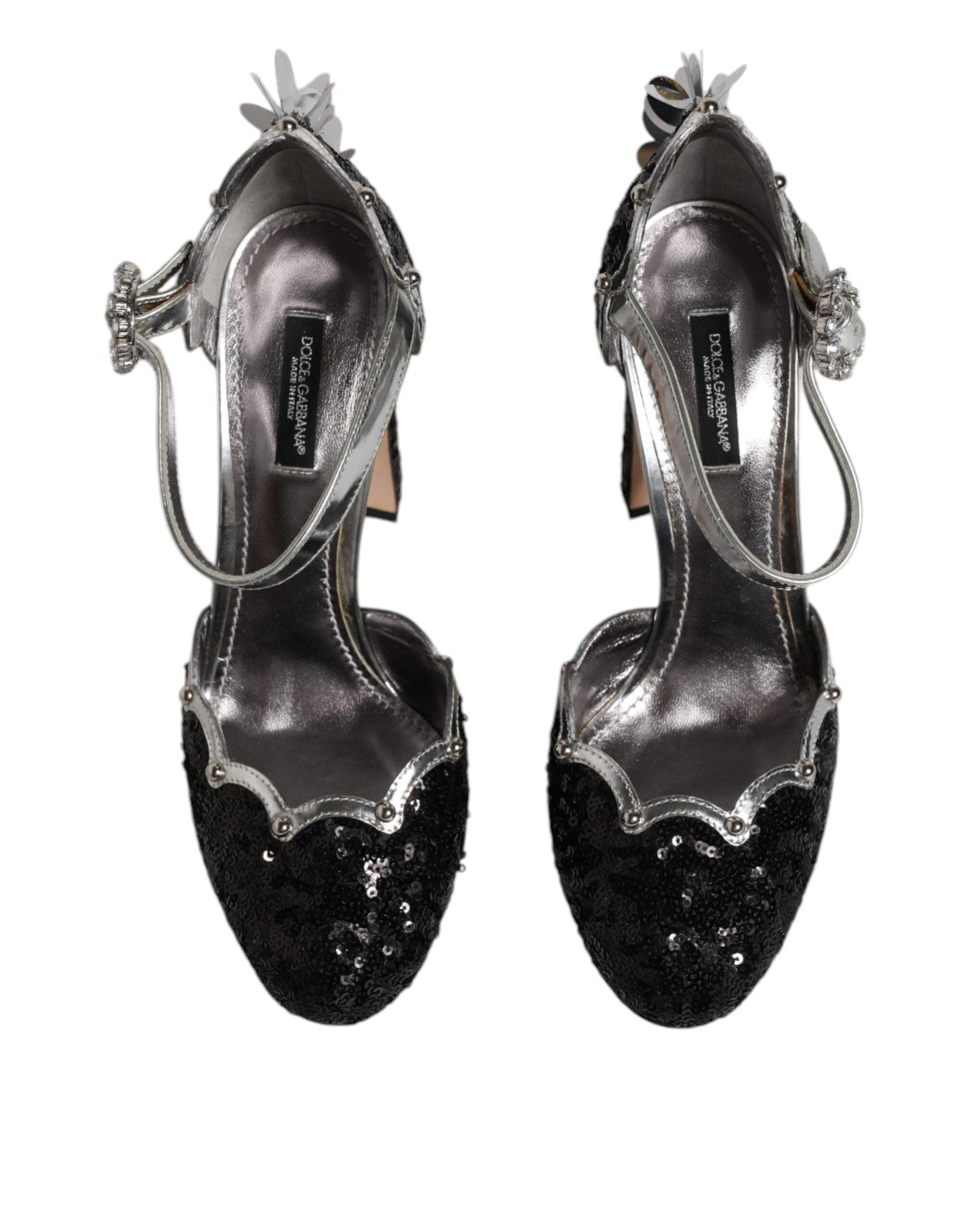 Dolce & Gabbana Black Silver Sequin Ankle Strap Sandals Shoes - Arichezz.store