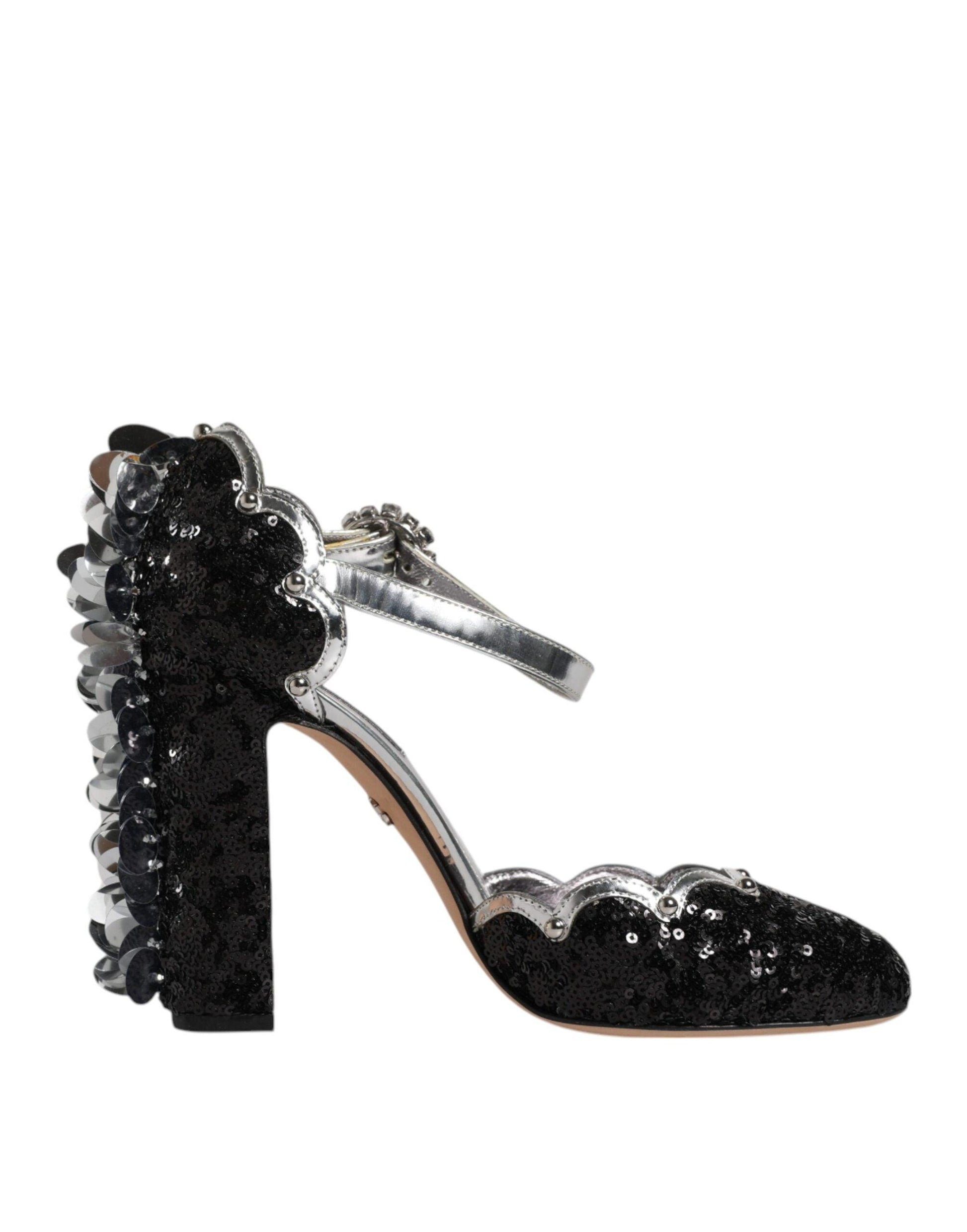 Dolce & Gabbana Black Silver Sequin Ankle Strap Sandals Shoes - Arichezz.store