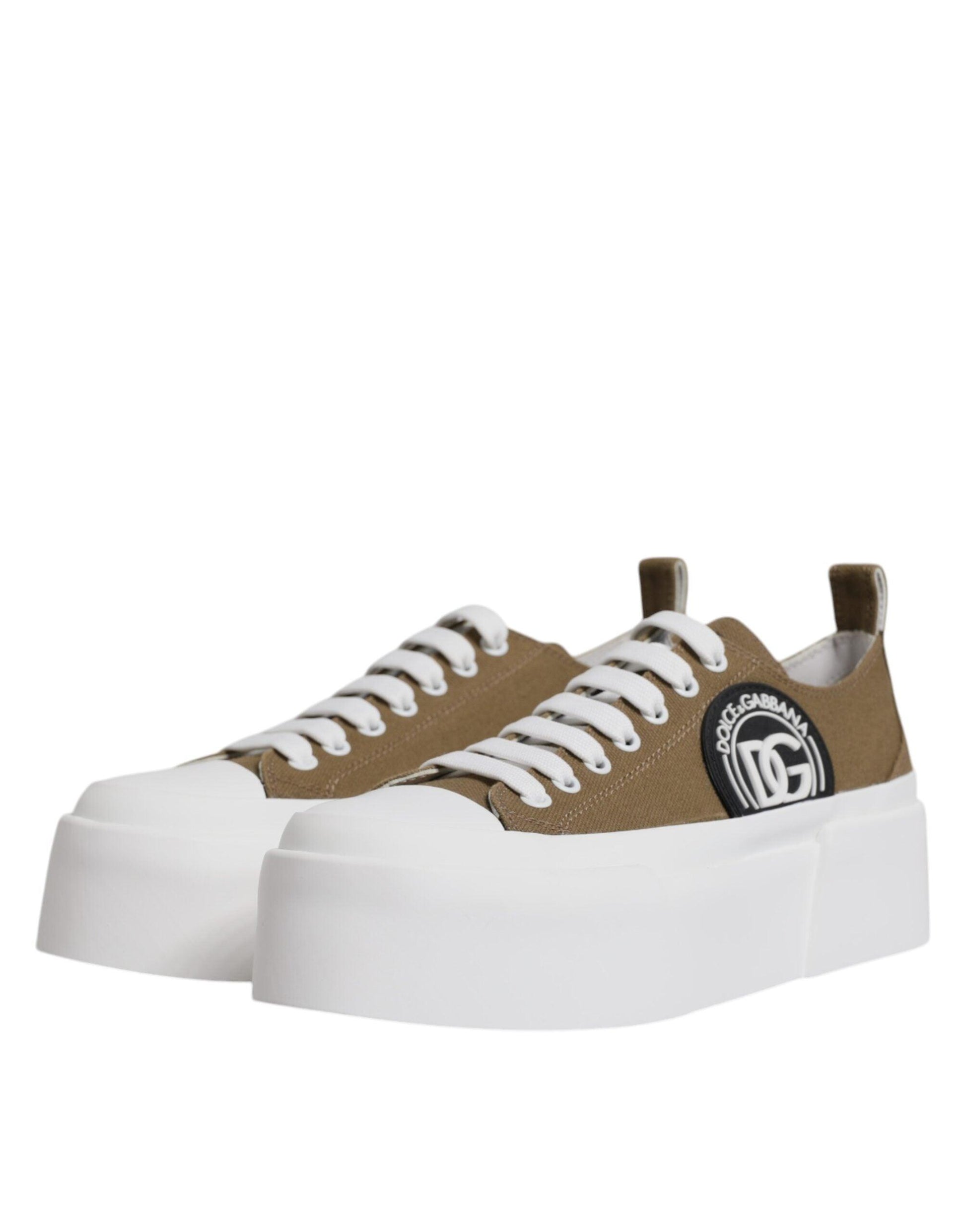 Dolce & Gabbana Brown White Canvas Logo Low Top Sneakers Shoes - Arichezz.store