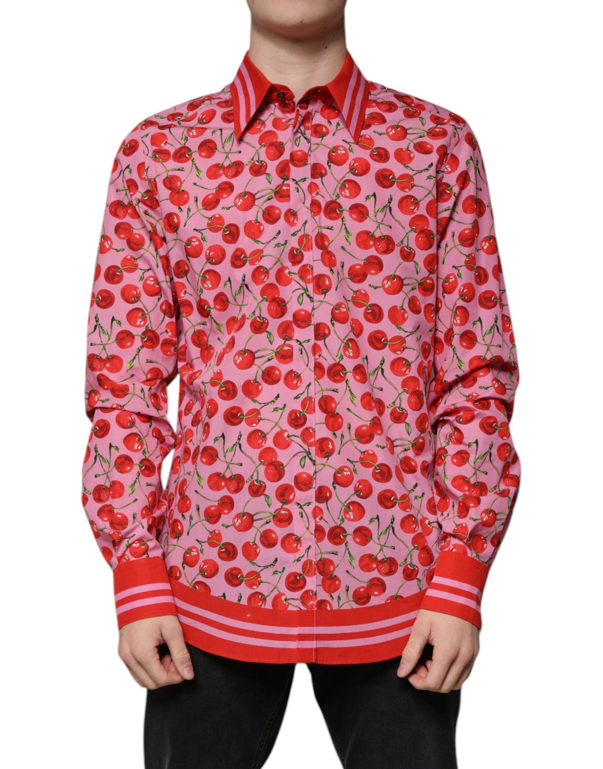 Dolce & Gabbana Pink Cherry Print Cotton MARTINI Dress Shirt - Arichezz.store