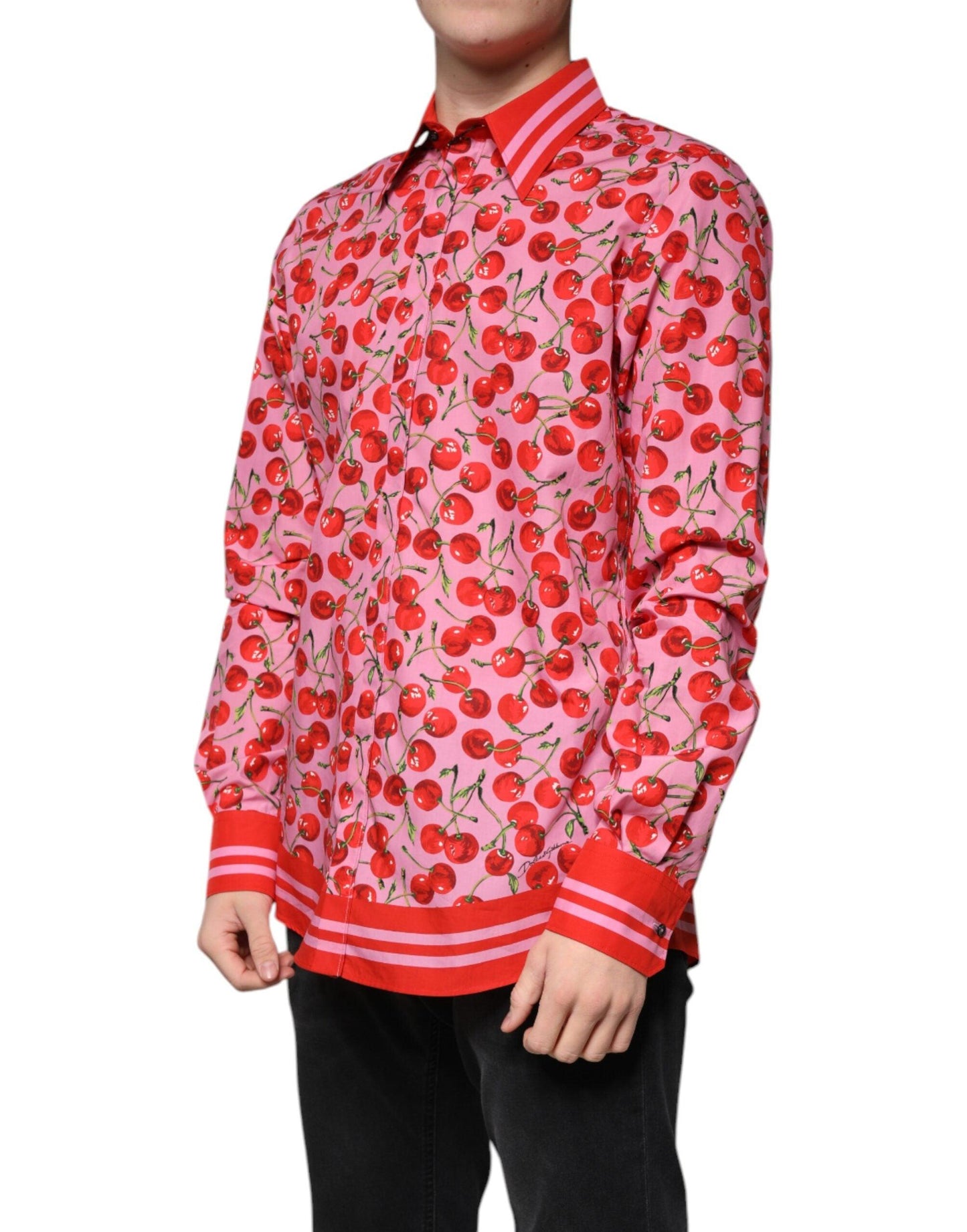 Dolce & Gabbana Pink Cherry Print Cotton MARTINI Dress Shirt - Arichezz.store