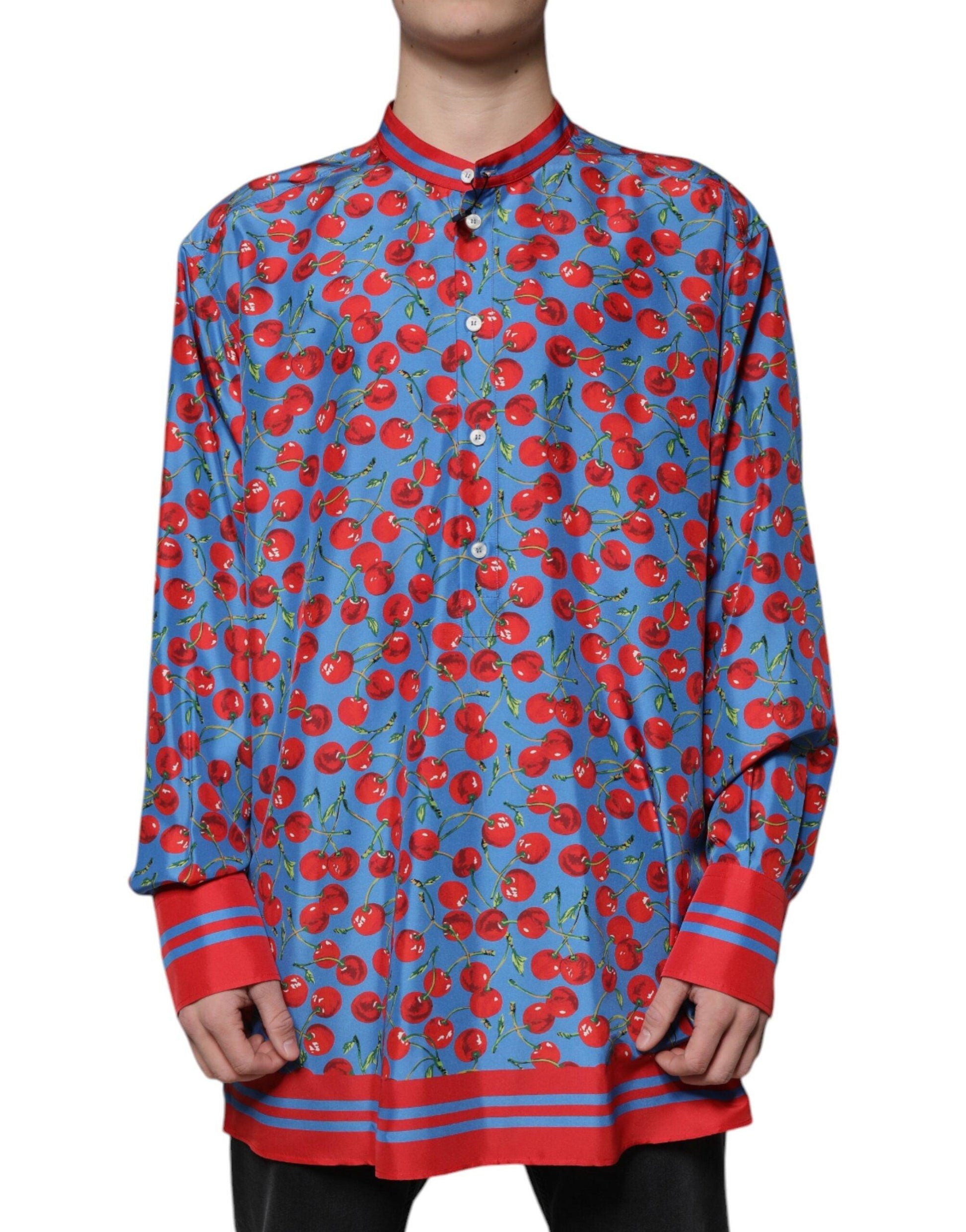 Dolce & Gabbana Blue Cherry Print Silk Button Down Shirt - Arichezz.store