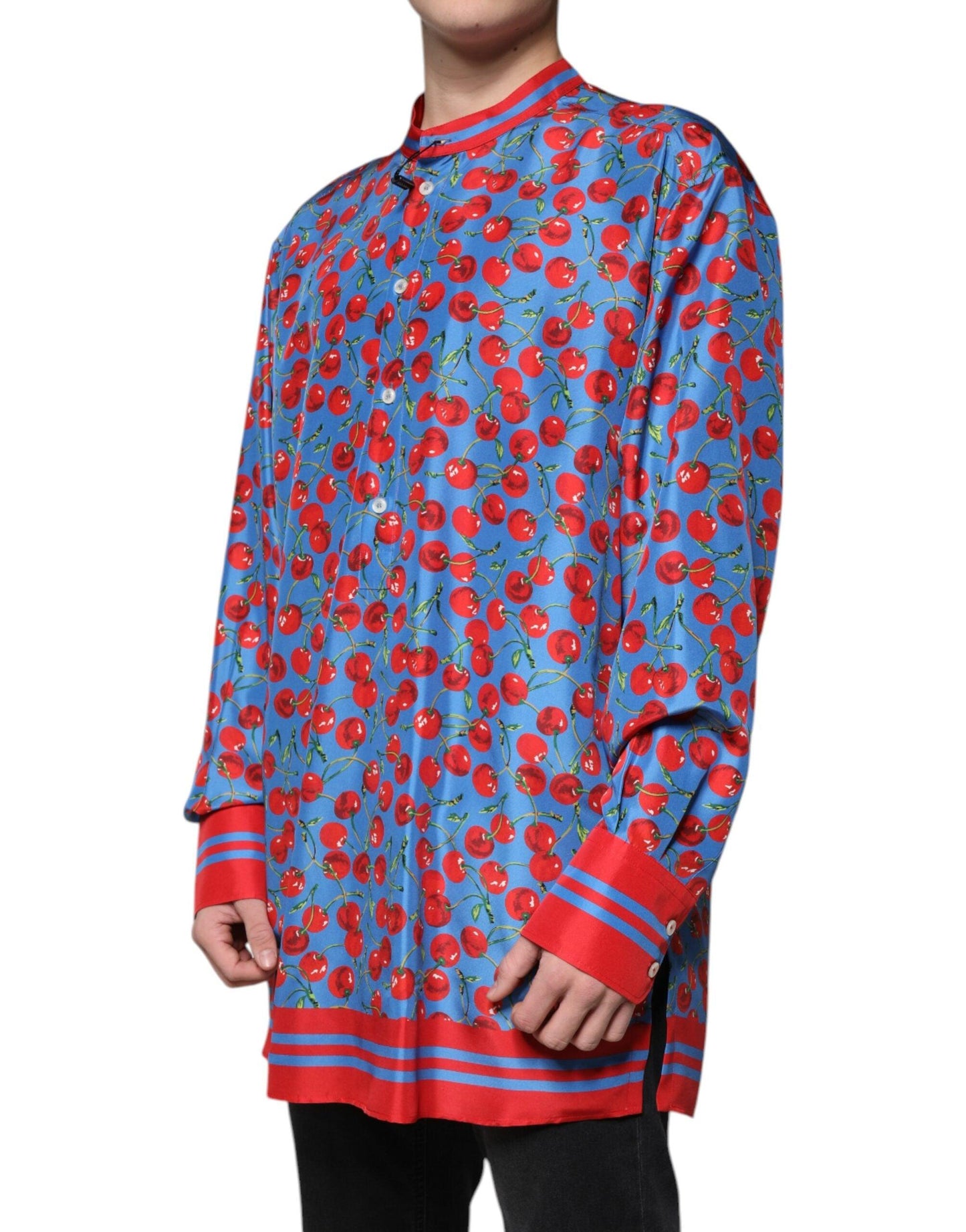 Dolce & Gabbana Blue Cherry Print Silk Button Down Shirt - Arichezz.store