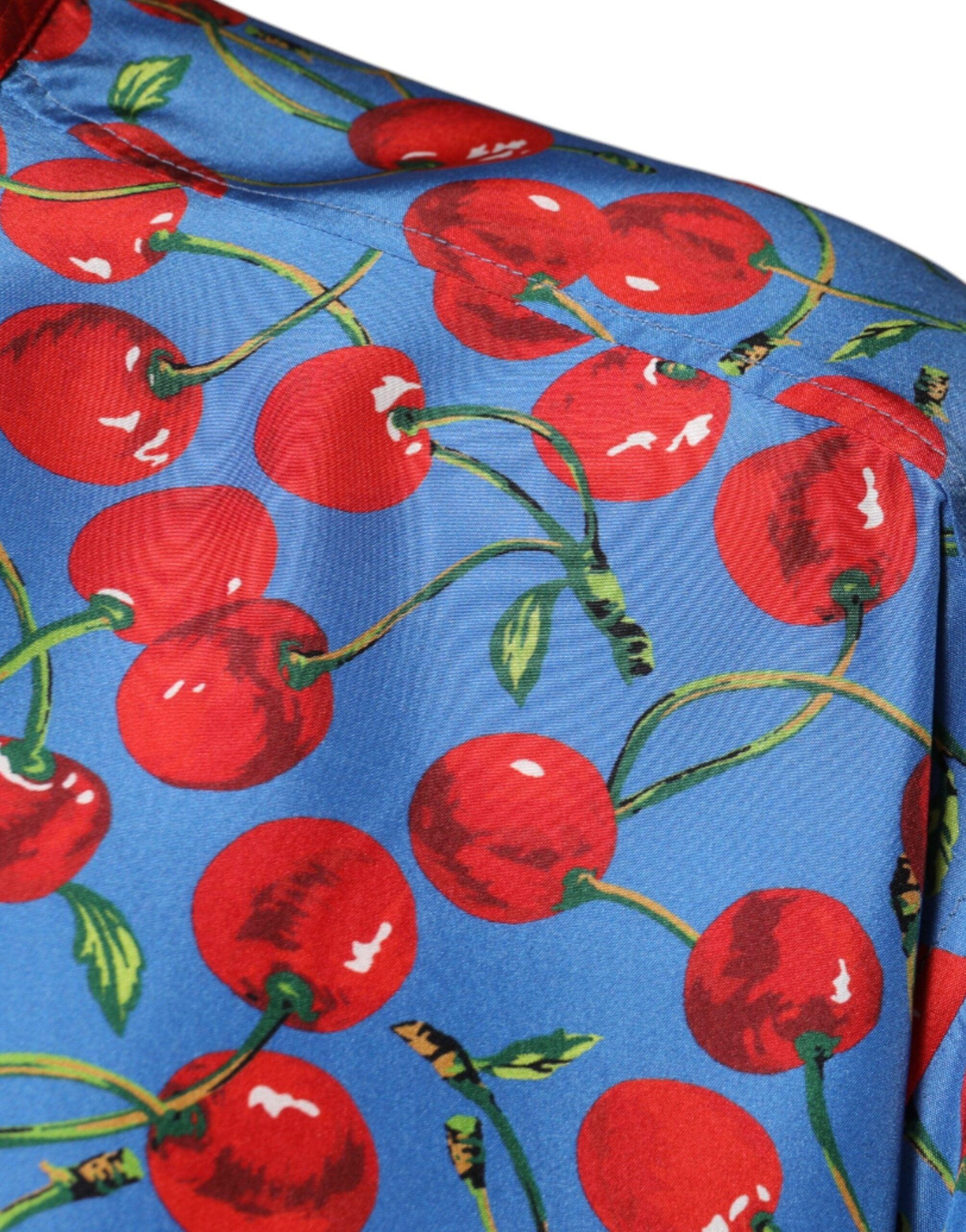 Dolce & Gabbana Blue Cherry Print Silk Button Down Shirt - Arichezz.store