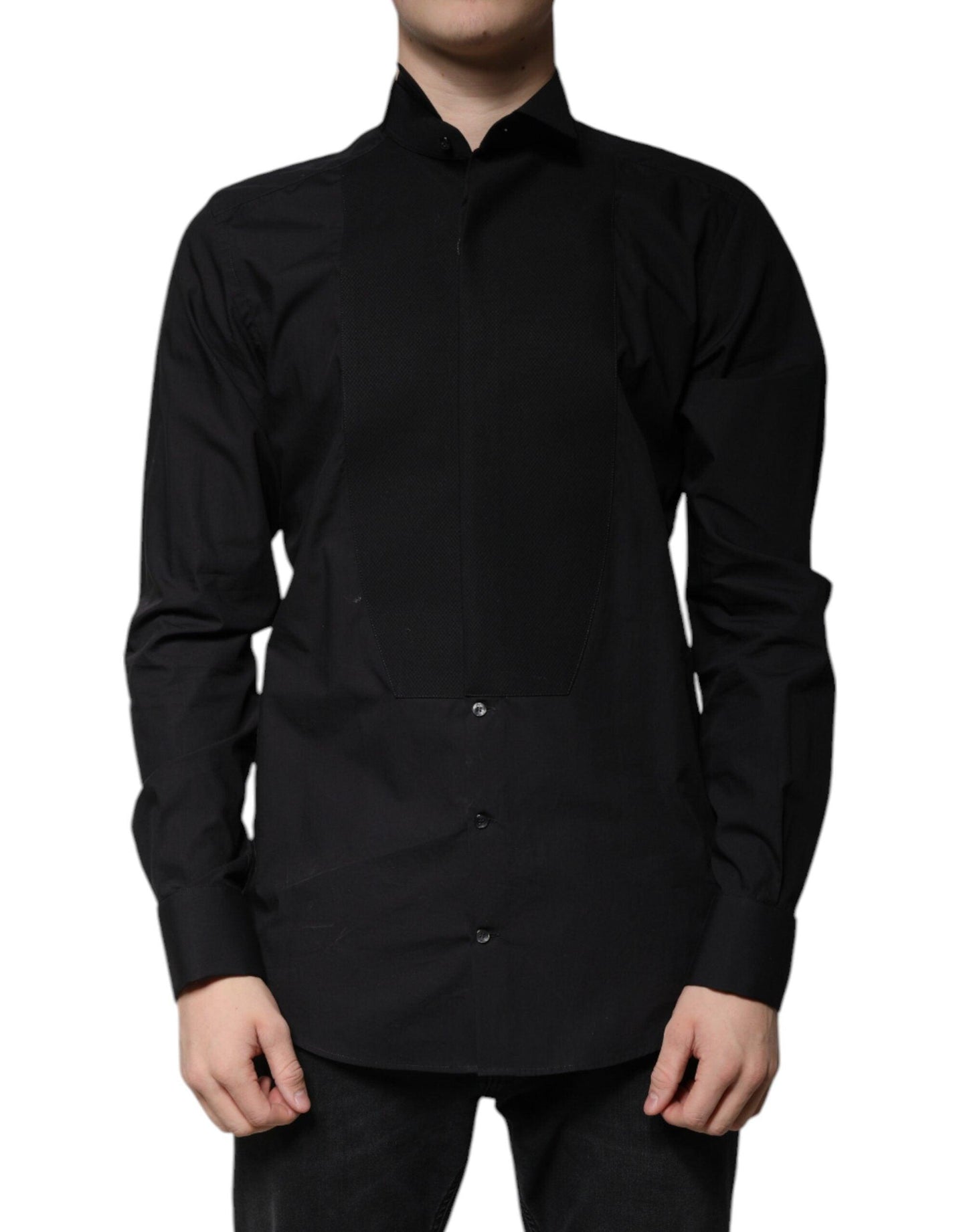 Dolce & Gabbana Black Cotton Slim Fit GOLD Men Dress Shirt - Arichezz.store