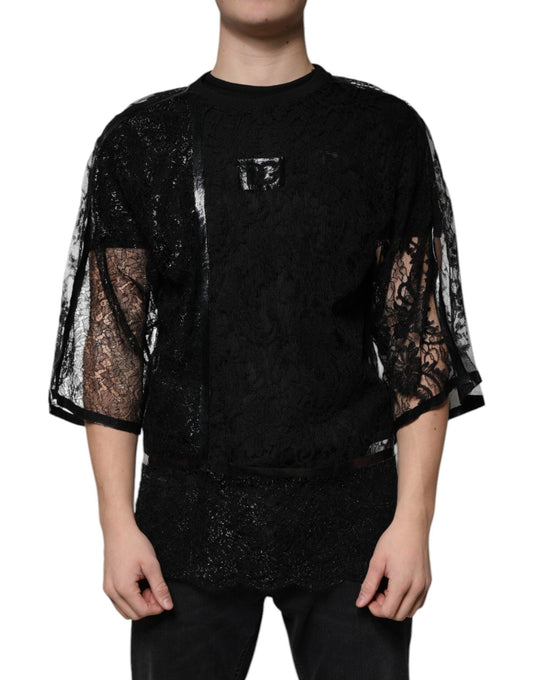 Dolce & Gabbana Black Nylon Floral Lace Crew Neck T-shirt - Arichezz.store