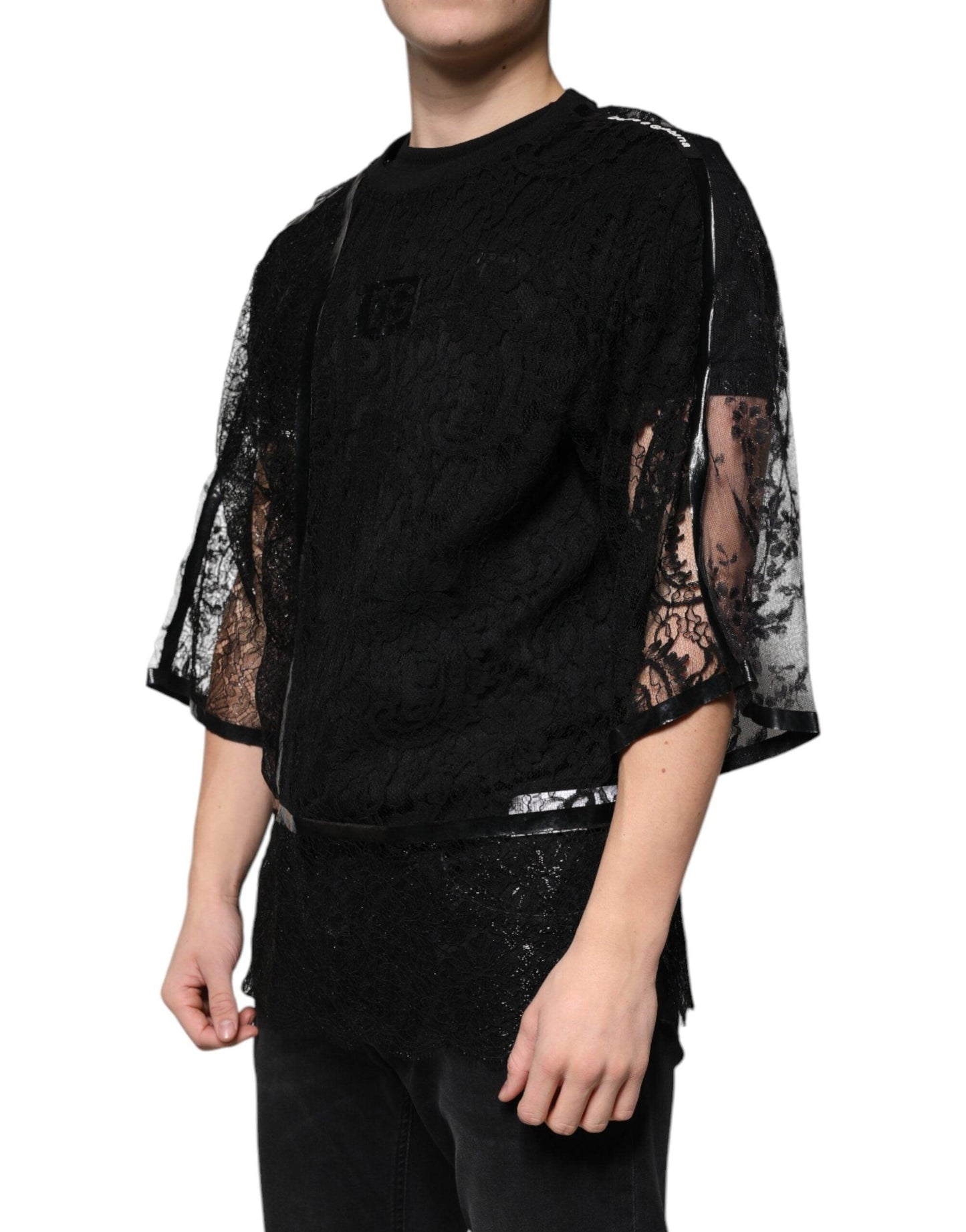 Dolce & Gabbana Black Nylon Floral Lace Crew Neck T-shirt - Arichezz.store