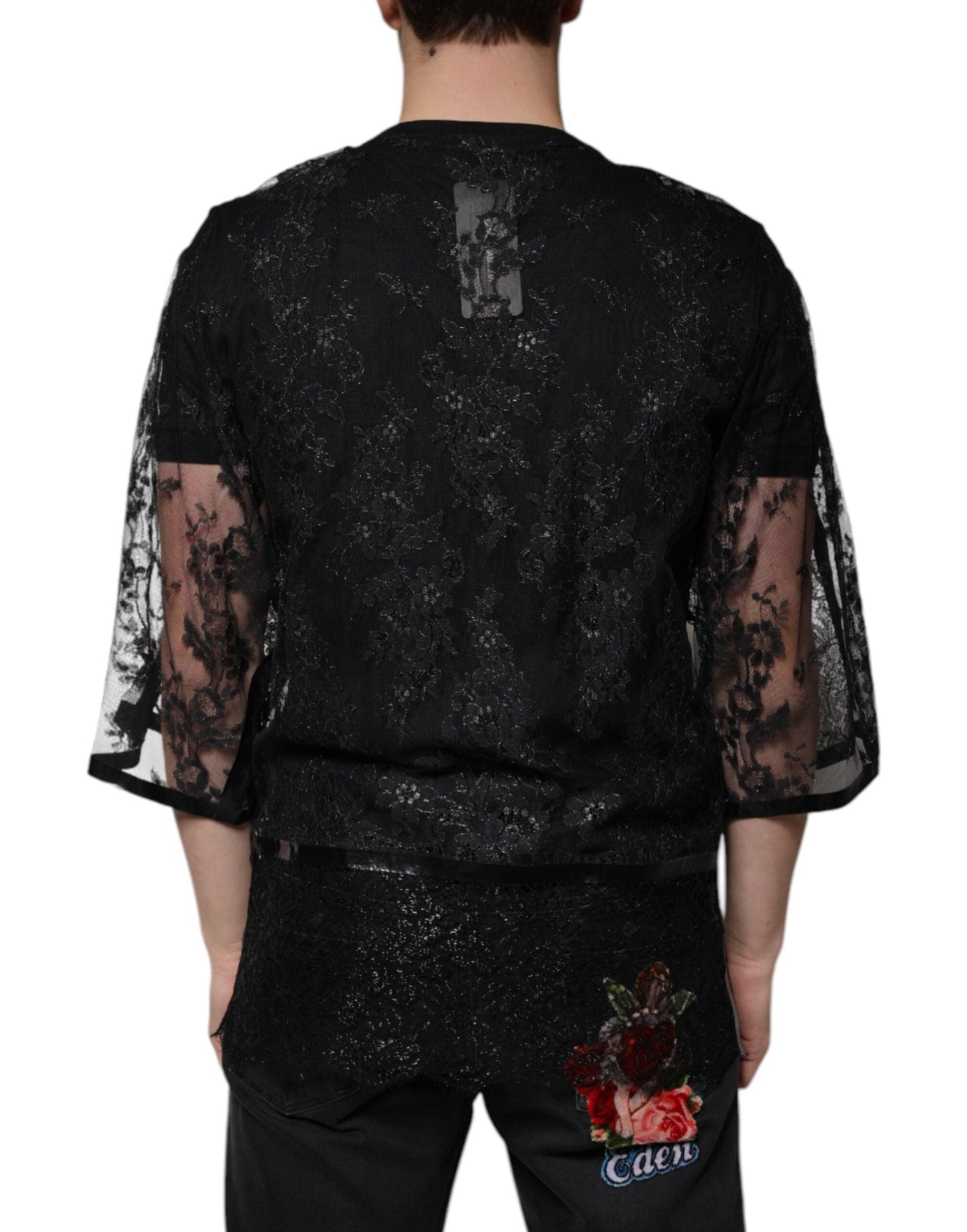 Dolce & Gabbana Black Nylon Floral Lace Crew Neck T-shirt - Arichezz.store