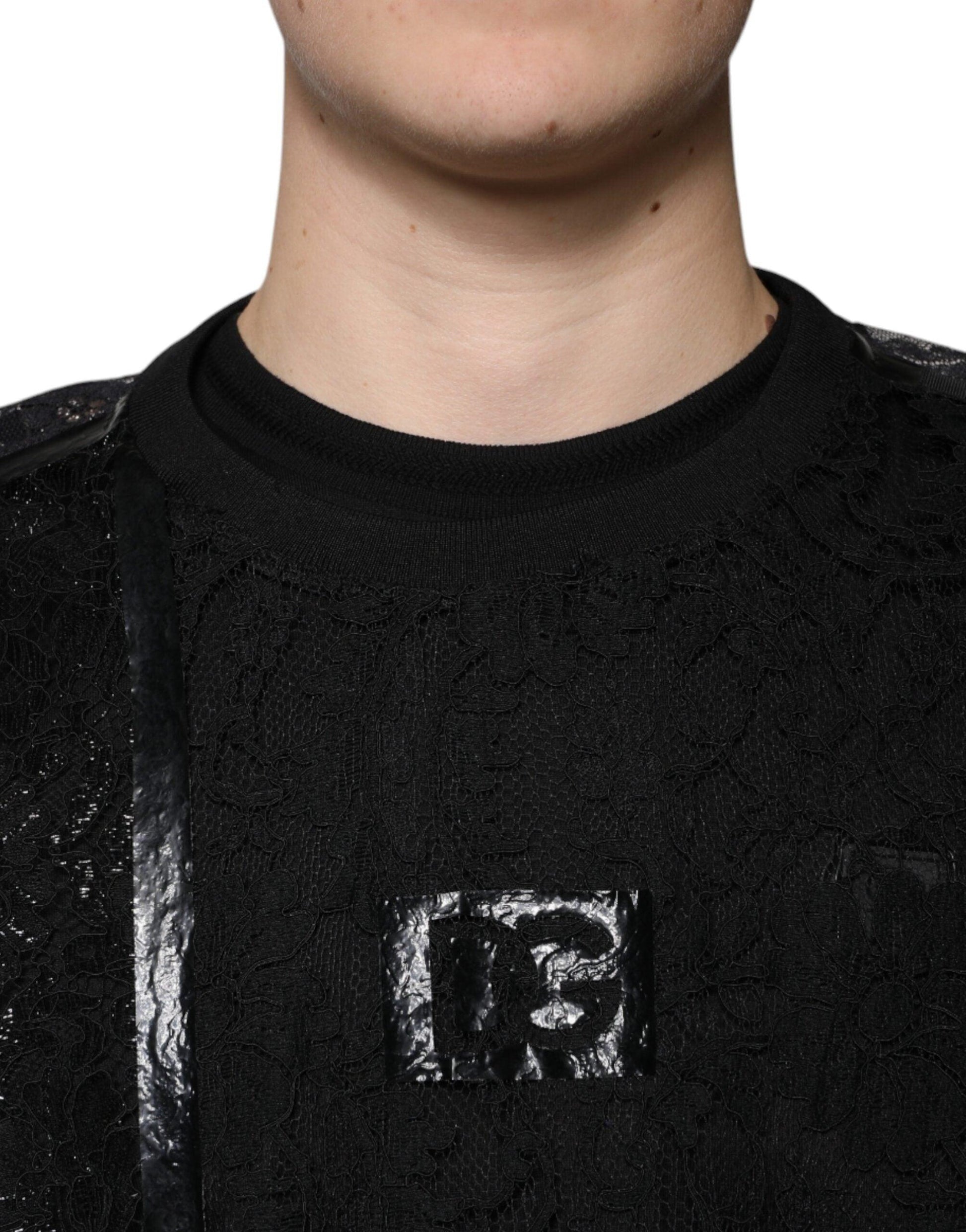 Dolce & Gabbana Black Nylon Floral Lace Crew Neck T-shirt - Arichezz.store