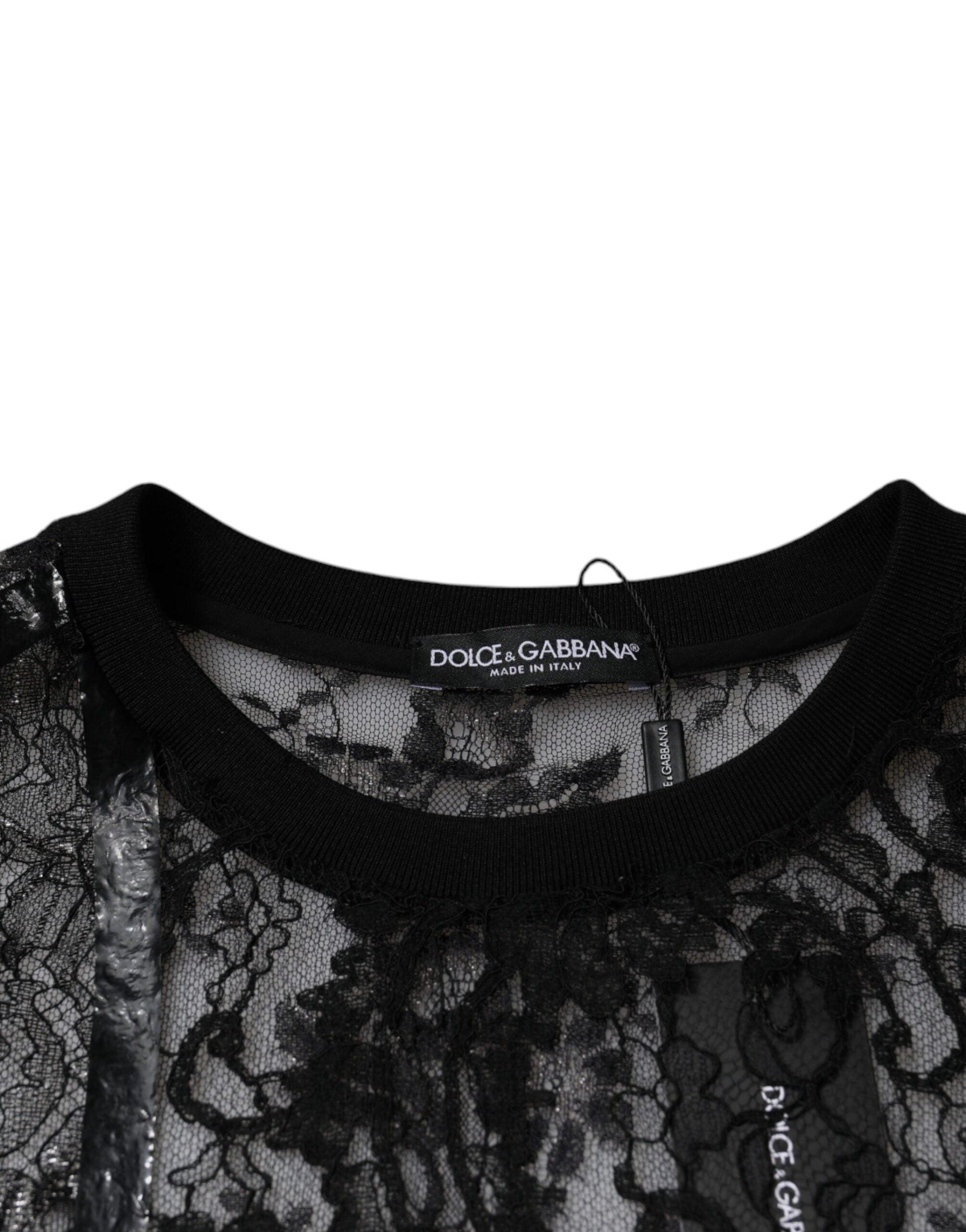 Dolce & Gabbana Black Nylon Floral Lace Crew Neck T-shirt - Arichezz.store