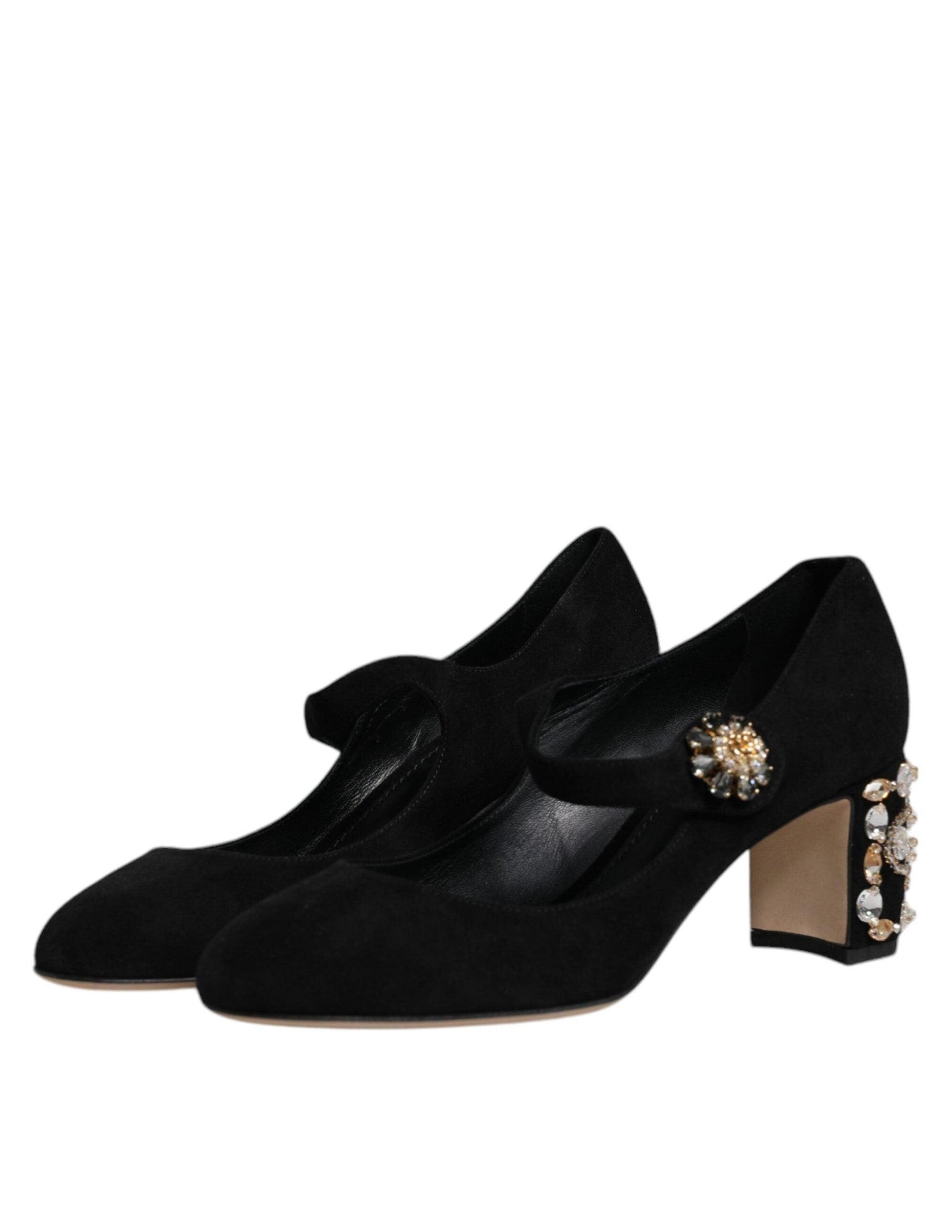 Dolce & Gabbana Black Suede Crystal Mary Jane Heels - Arichezz.store