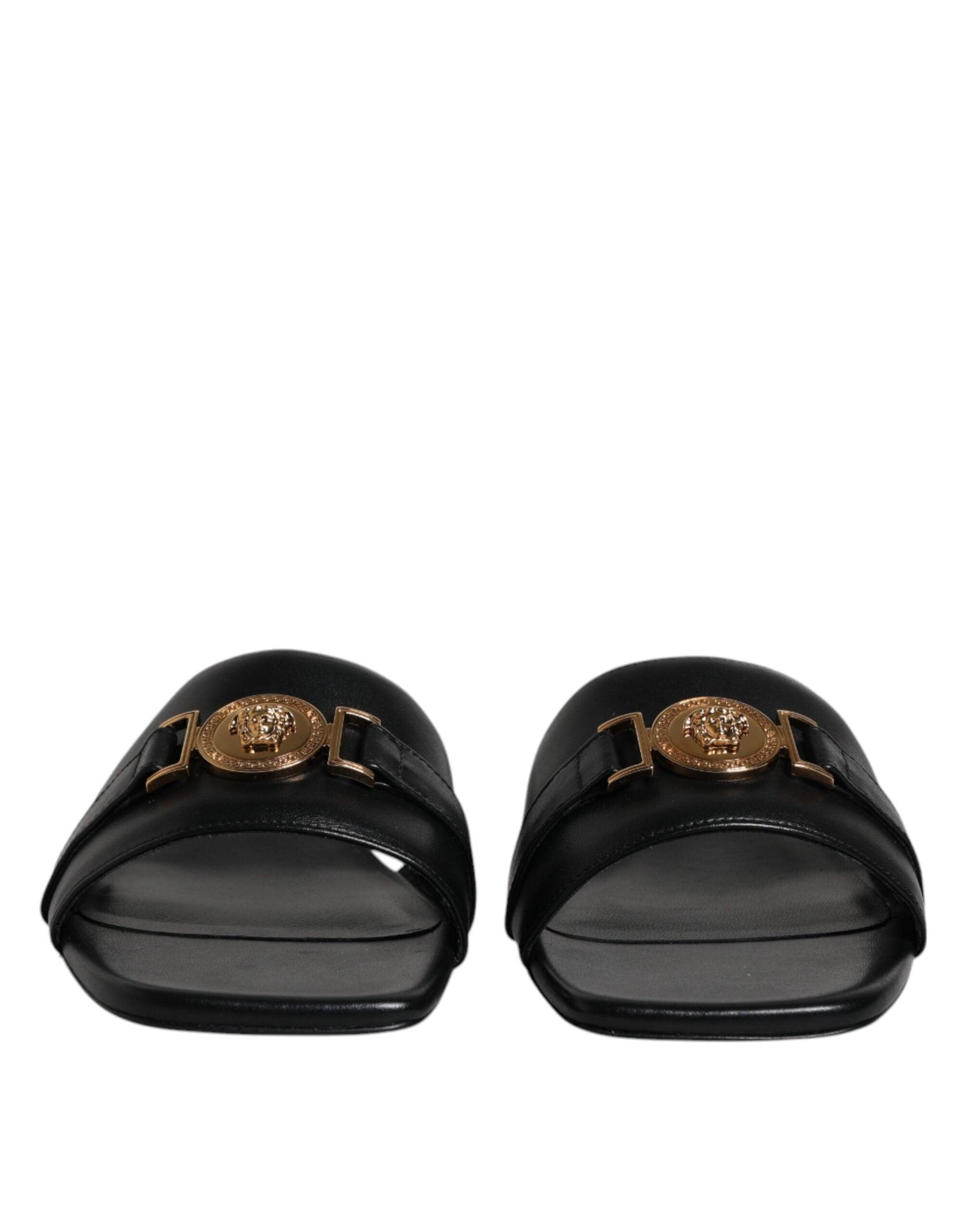 Versace Black Leather Logo Plaque Slip-On Slides - Arichezz.store