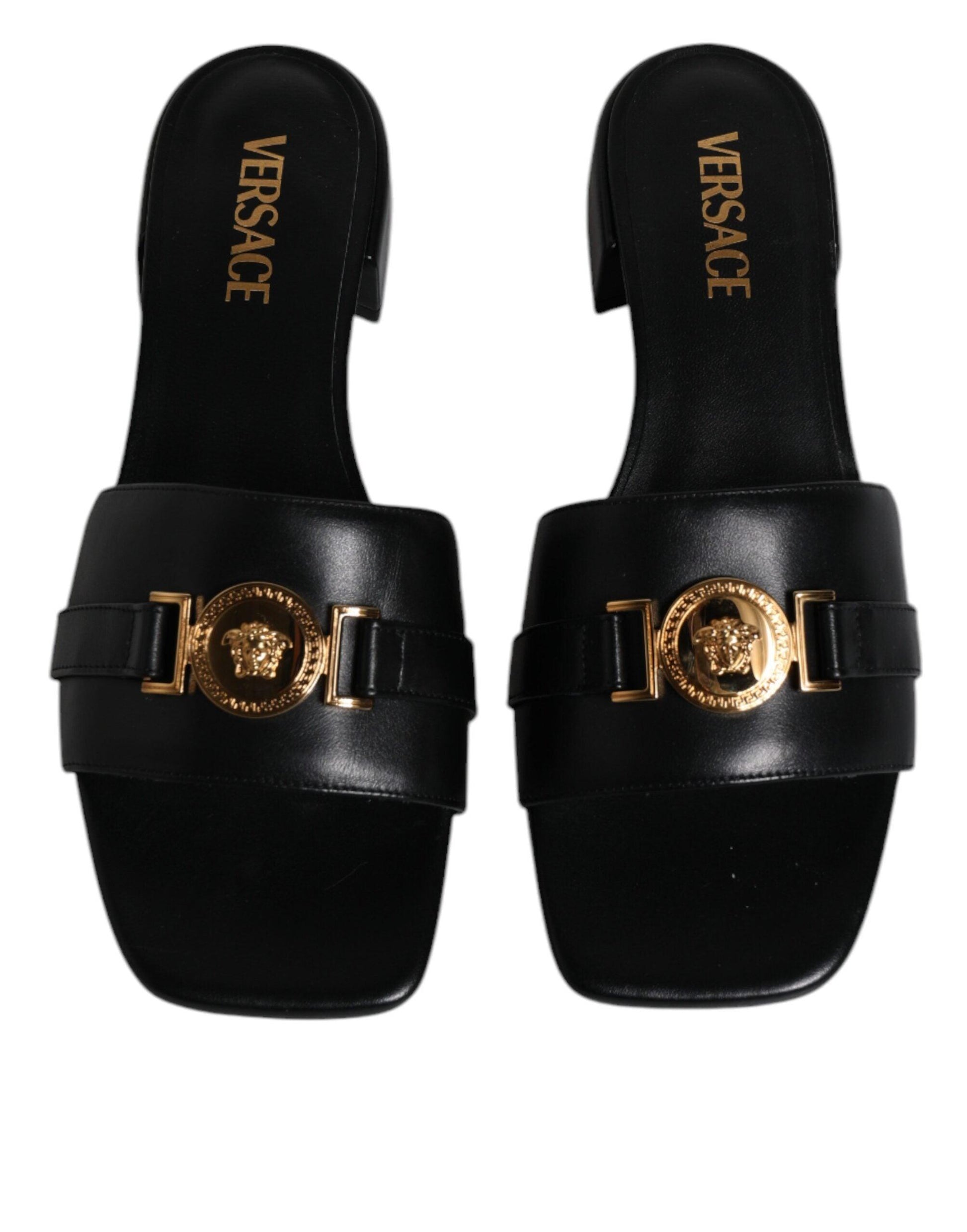 Versace Black Leather Logo Plaque Slip-On Slides - Arichezz.store