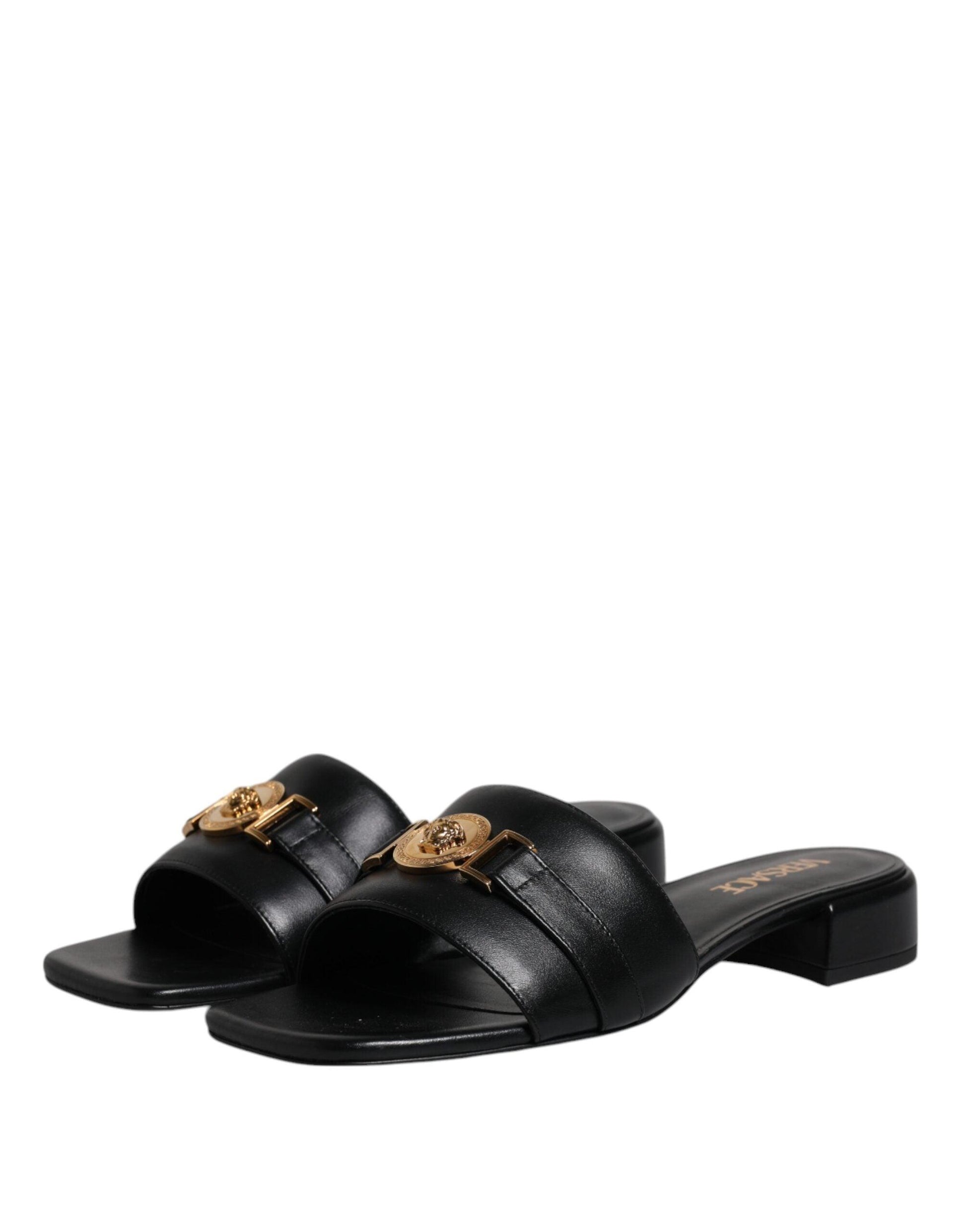 Versace Black Leather Logo Plaque Slip-On Slides - Arichezz.store