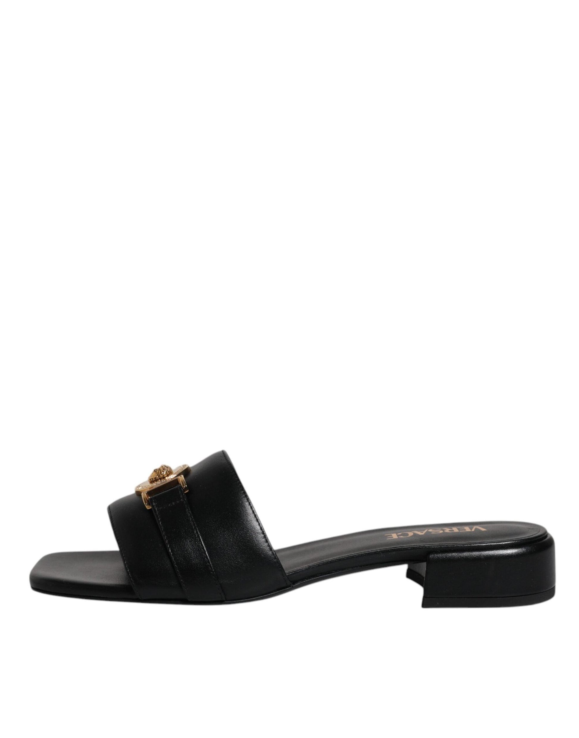 Versace Black Leather Logo Plaque Slip-On Slides - Arichezz.store