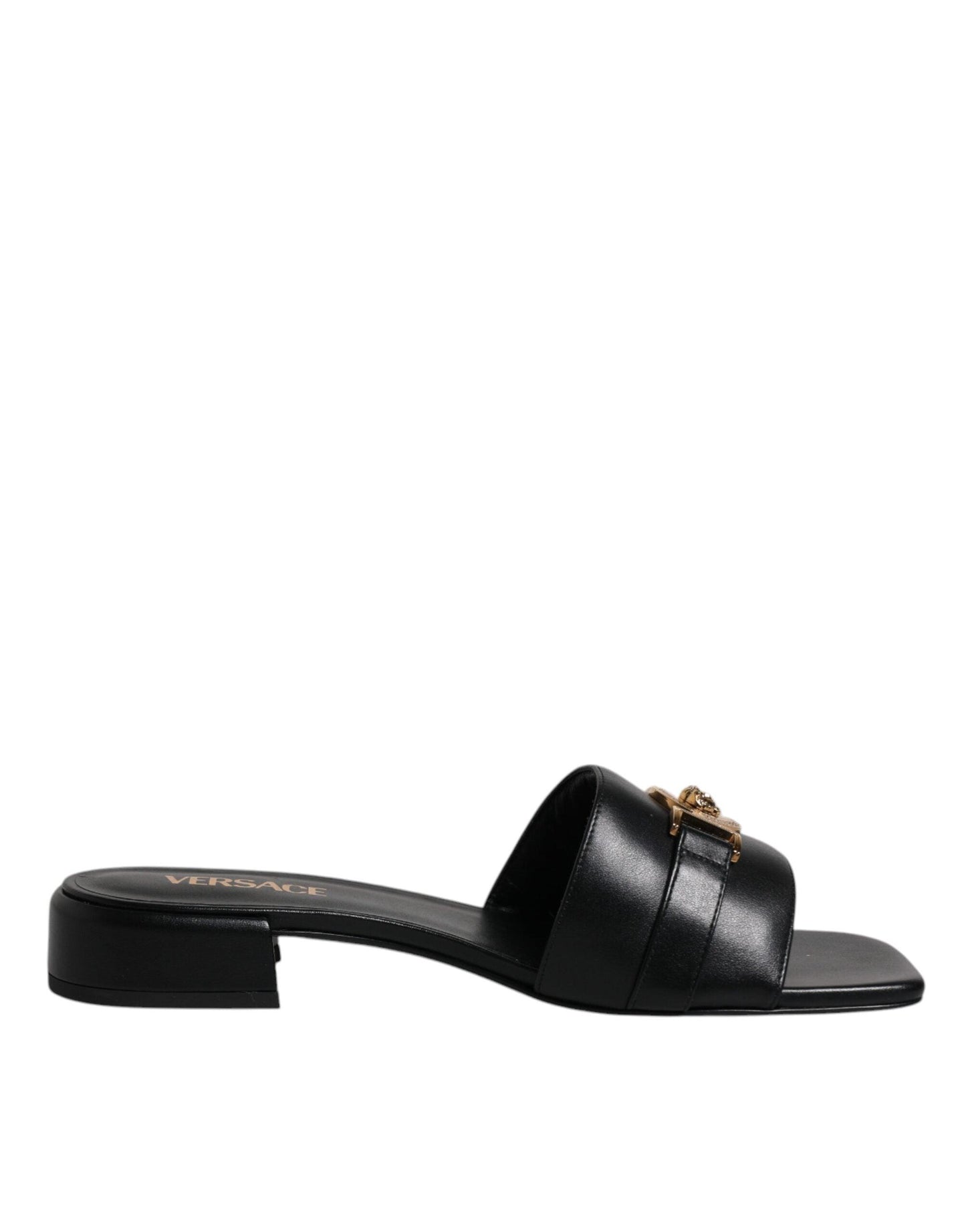 Versace Black Leather Logo Plaque Slip-On Slides - Arichezz.store