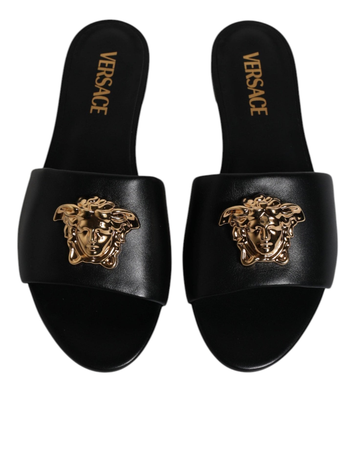 Versace Black Leather Logo Plaque Slip On Slides Flats Shoes - Arichezz.store