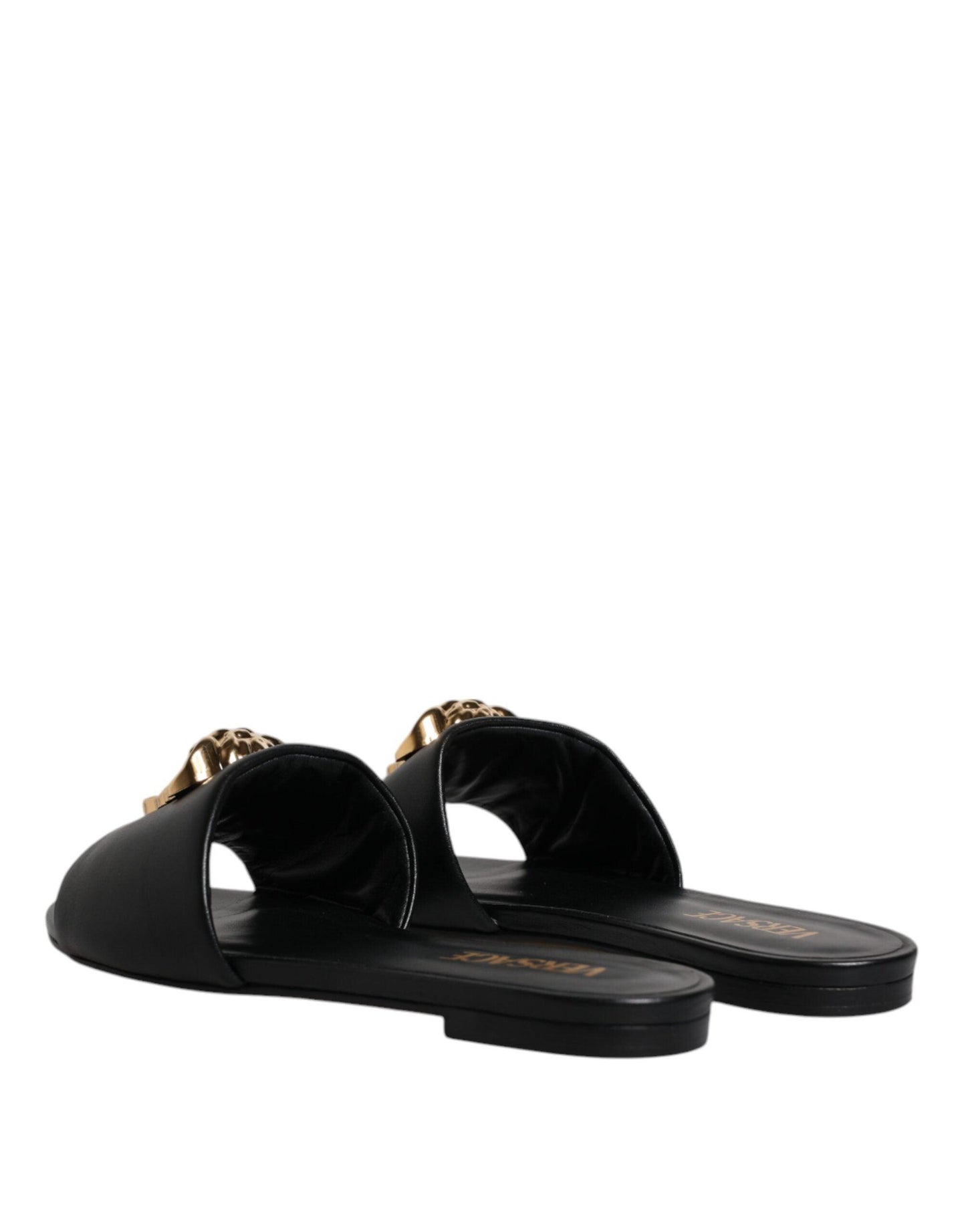 Versace Black Leather Logo Plaque Slip On Slides Flats Shoes - Arichezz.store