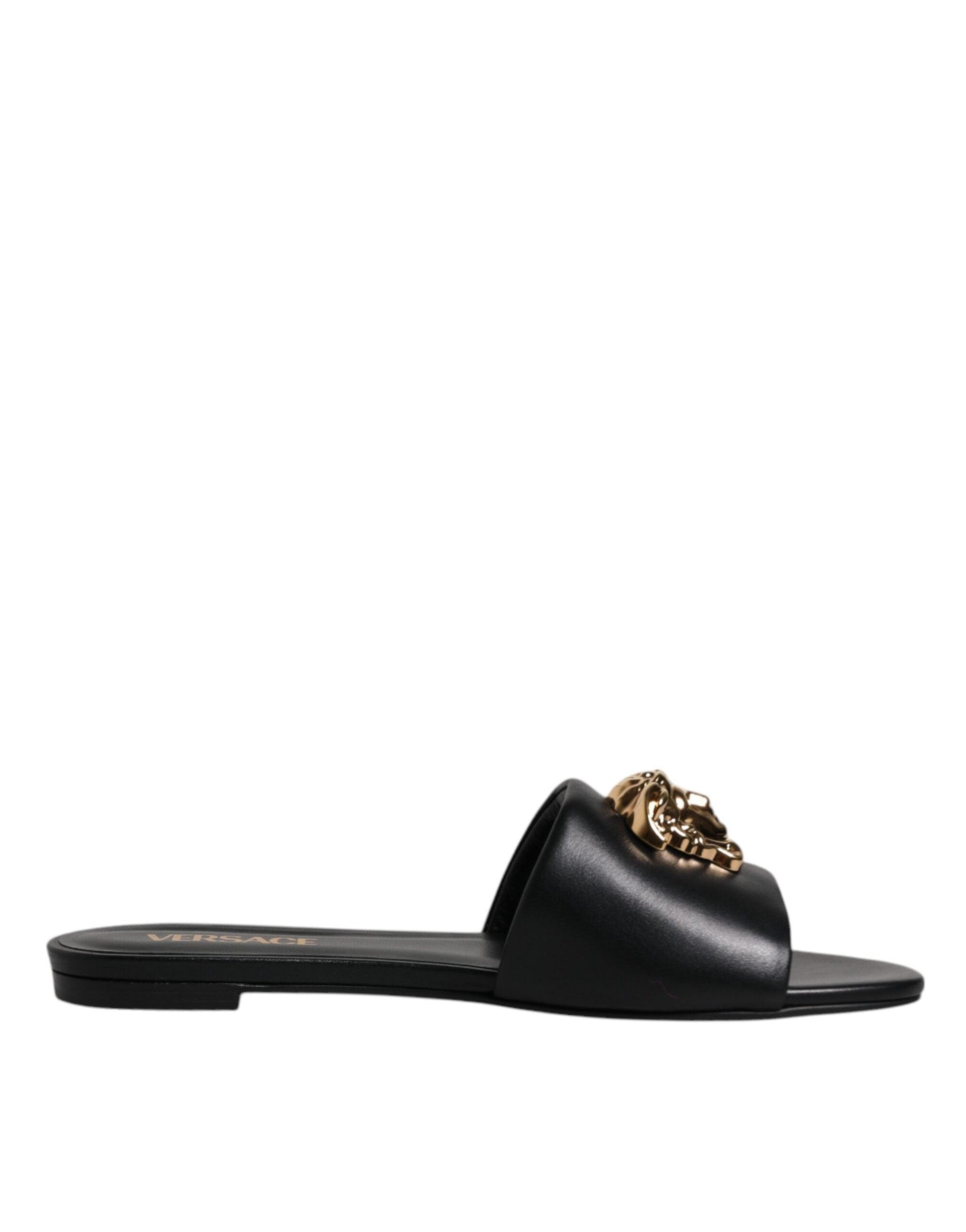 Versace Black Leather Logo Plaque Slip On Slides Flats Shoes - Arichezz.store